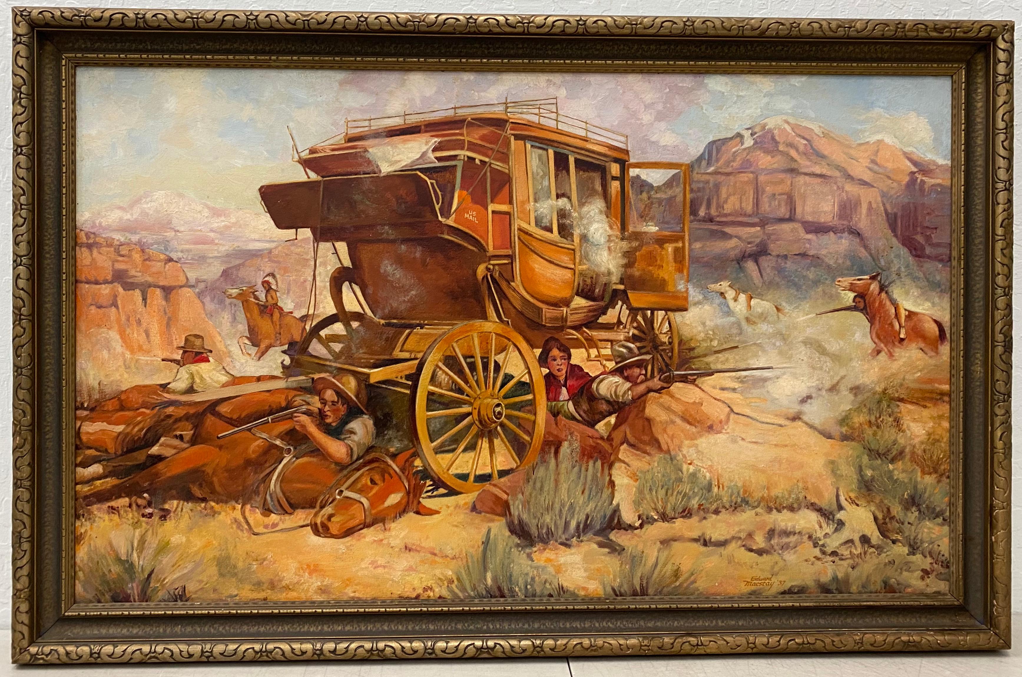 Vintage Western Wagon Ambush Gunfight Oil Painting by Edward Macstay C.1937