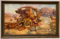 Antique Western Wagon Ambush Gunfight Oil Painting by Edward Macstay C.1937