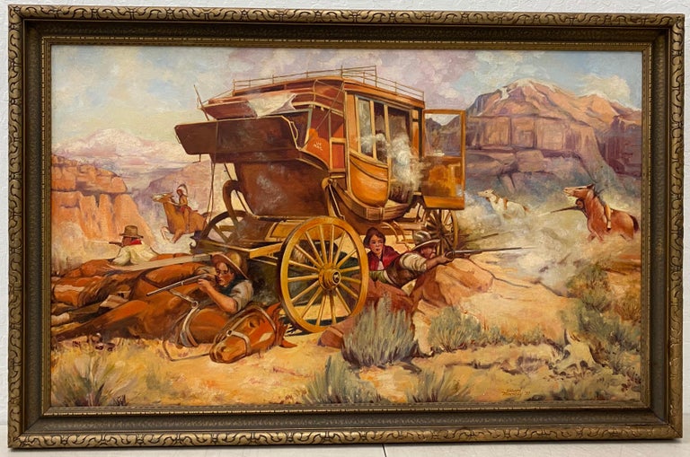Unknown Landscape Painting - Vintage Western Wagon Ambush Gunfight Oil Painting by Edward Macstay C.1937