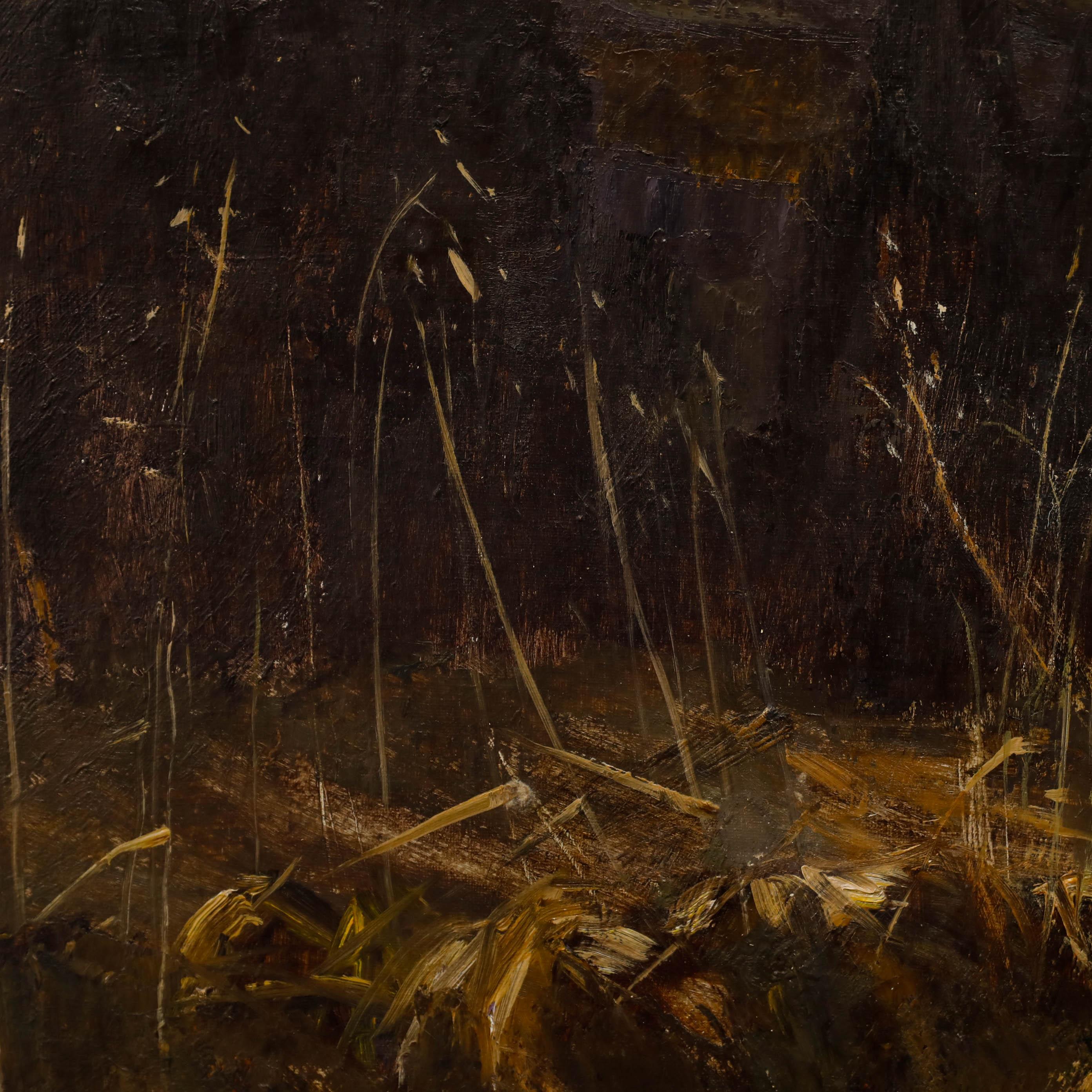 Dieses stimmungsvolle Gemälde von Violet Fuller fängt eine stimmungsvolle, herbstliche Szene mit sanften Hügeln und spärlicher Vegetation ein. Die Künstlerin verwendet eine gedämpfte Farbpalette aus erdigen Braun-, Grün- und Goldtönen, um ein Gefühl