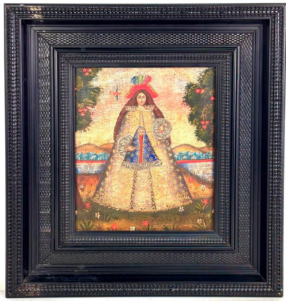 Interesante óleo sobre lienzo de Virgen con Niño de mediados del siglo XIX.

Es de escuela Cuzqueña, va con un marco ebonizádo que le queda muy bien.

En buen estado general solo tiene pequeñas rajitas en los 2 laterales izquierdos del maco casi