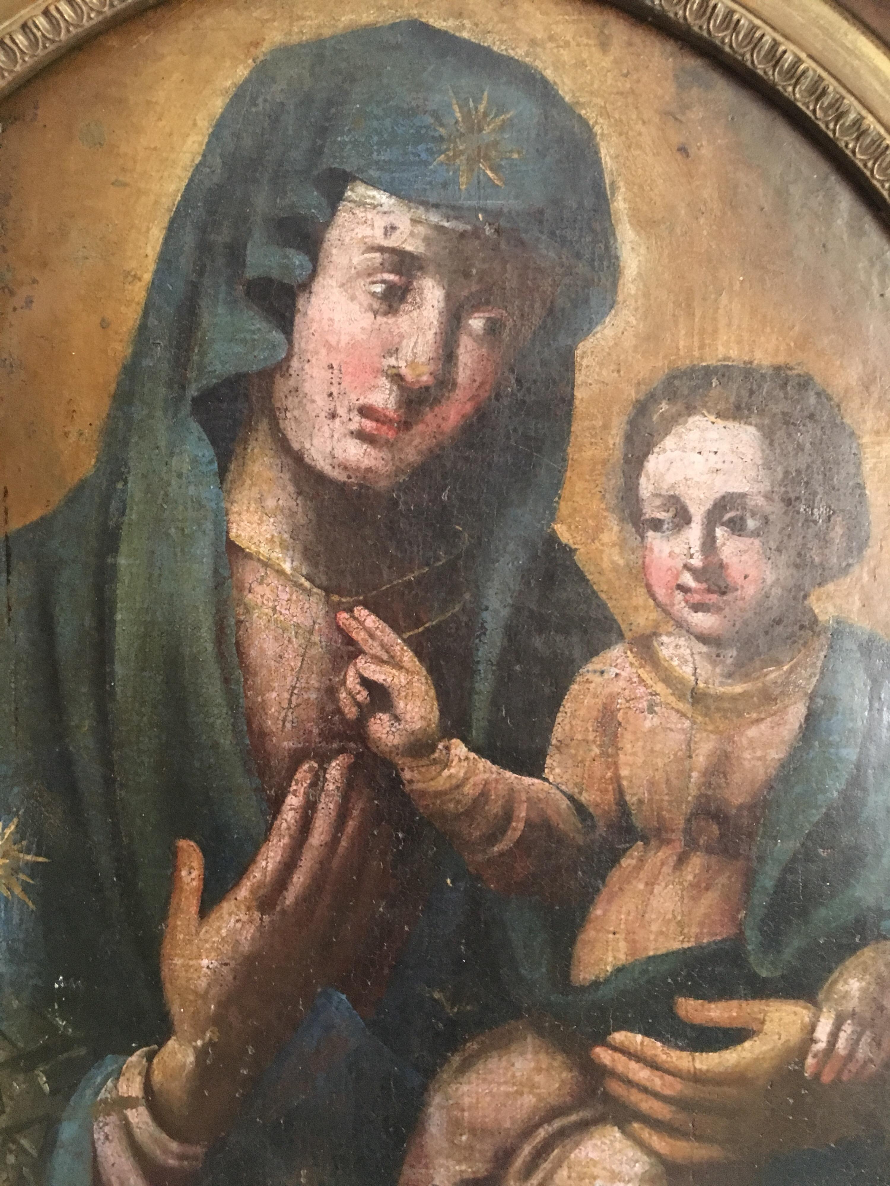 Virgin and Child
Italian School, circa 1730's
Oil painting on canvas laid on board, framed
Framed size: 29 x 25 inches

Madonna and child, the Virgin Mother and Jesus Christ as an infant. The most iconic mother and son portrait, set within an