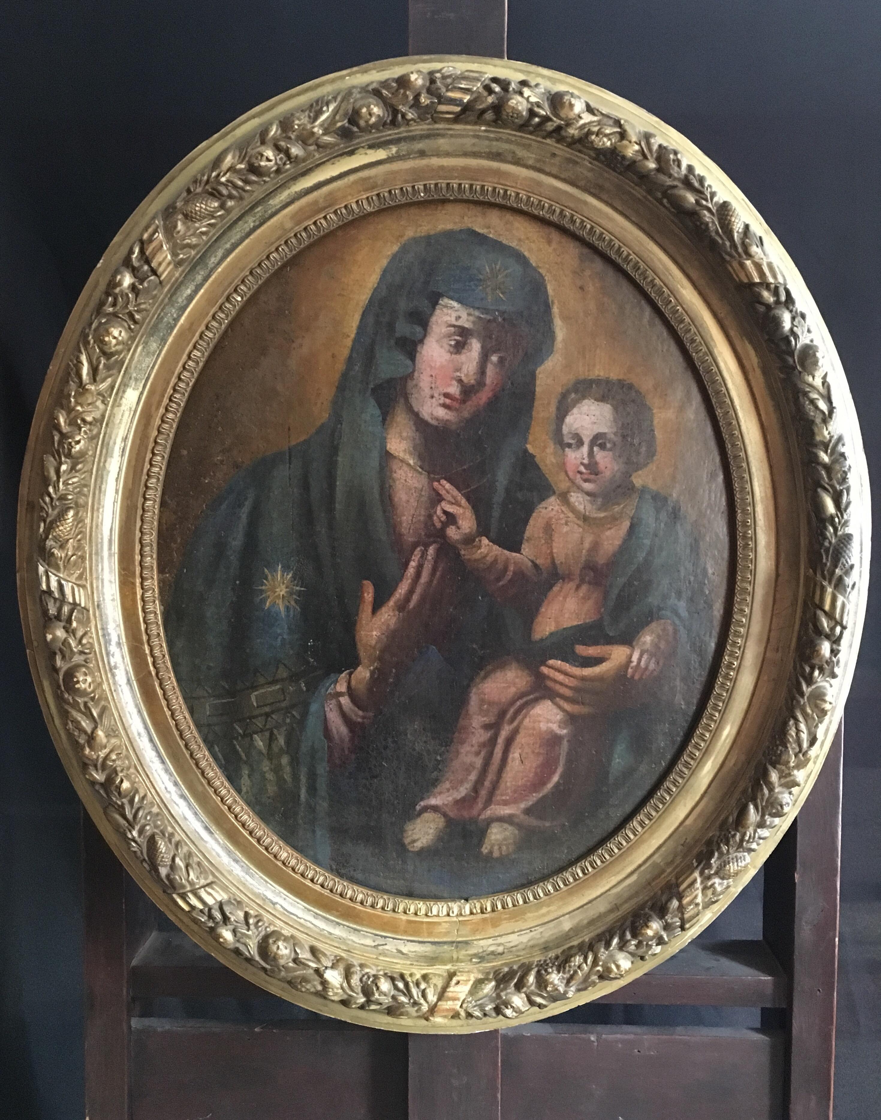Unknown Figurative Painting - Virgin and Child, 18th Century Portrait of Mary and Jesus, Oval Oil Painting