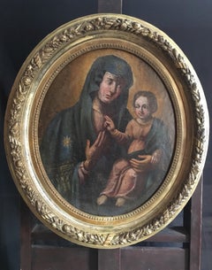 Antique Virgin and Child, 18th Century Portrait of Mary and Jesus, Oval Oil Painting