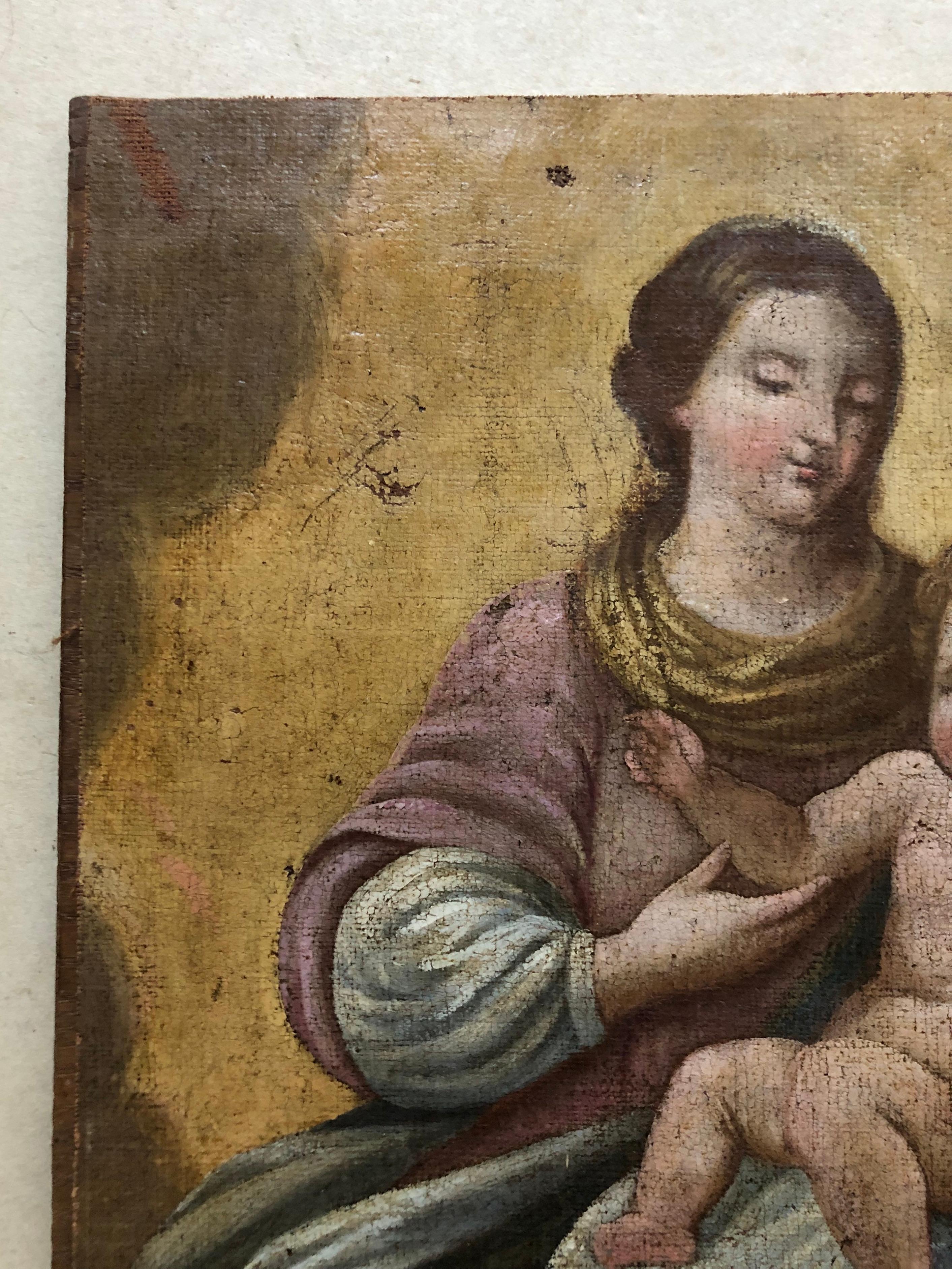 Virgin & Child.
Olio su tela del XVIII secolo.
Tela montata su pannello di legno.
Crepe, piccole perdite di vernice, piccola usura.
50 x 38 cm