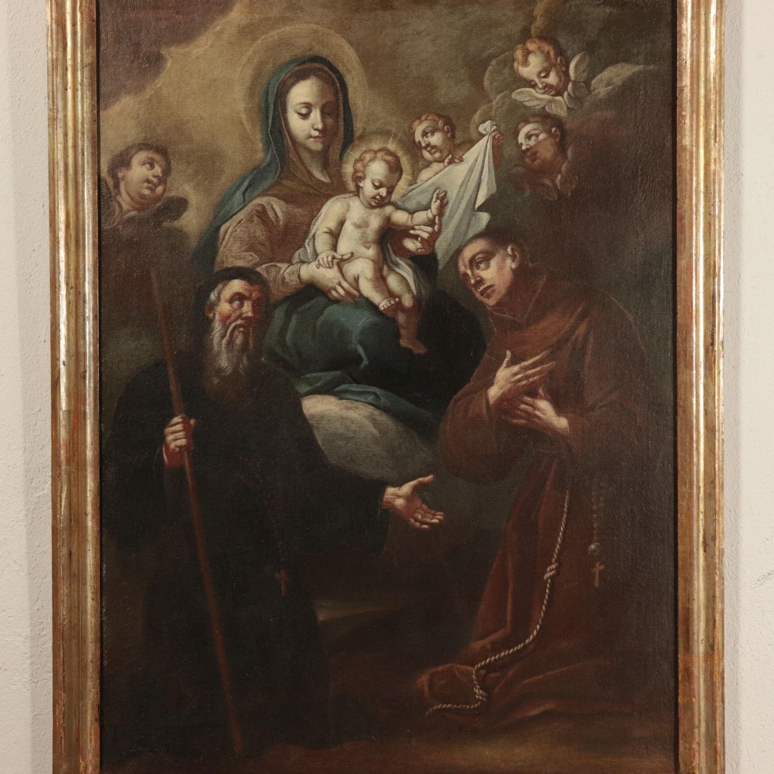 Virgin Mary with Baby Jesus on Throne between two Saints, 17th Century - Other Art Style Painting by Unknown