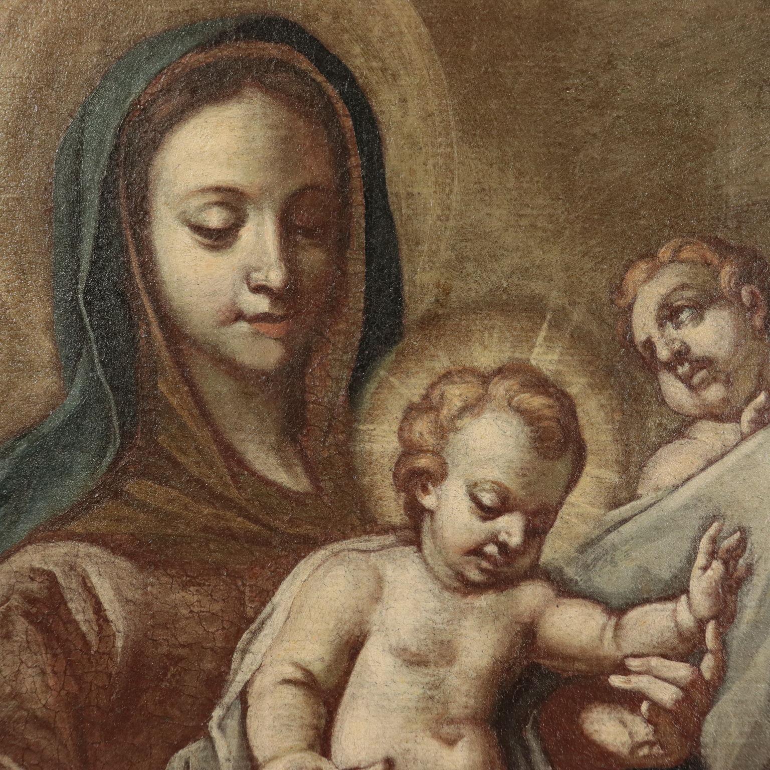 Virgin Mary with Baby Jesus on Throne between two Saints, 17th Century - Brown Figurative Painting by Unknown