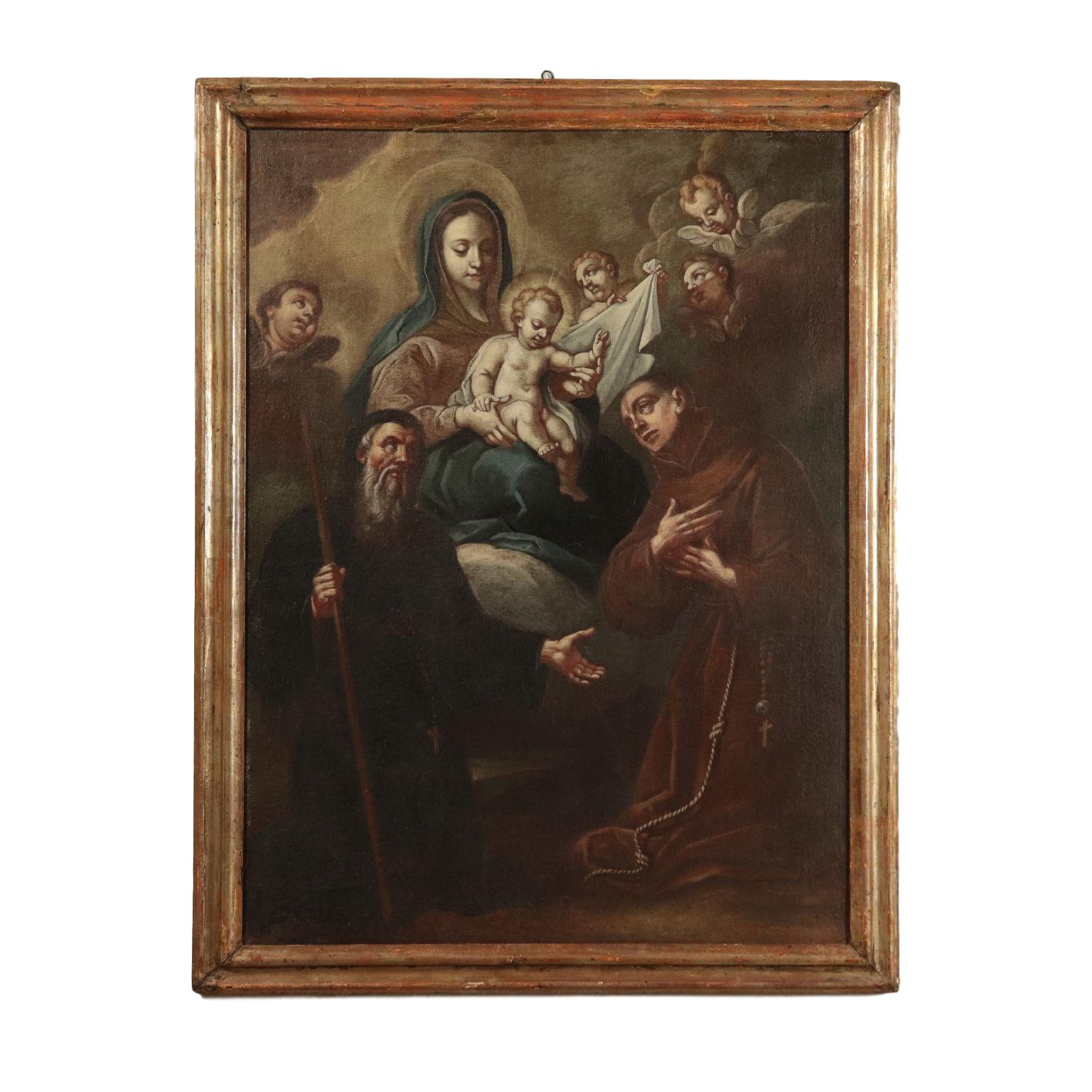 Unknown Figurative Painting - Virgin Mary with Baby Jesus on Throne between two Saints, 17th Century