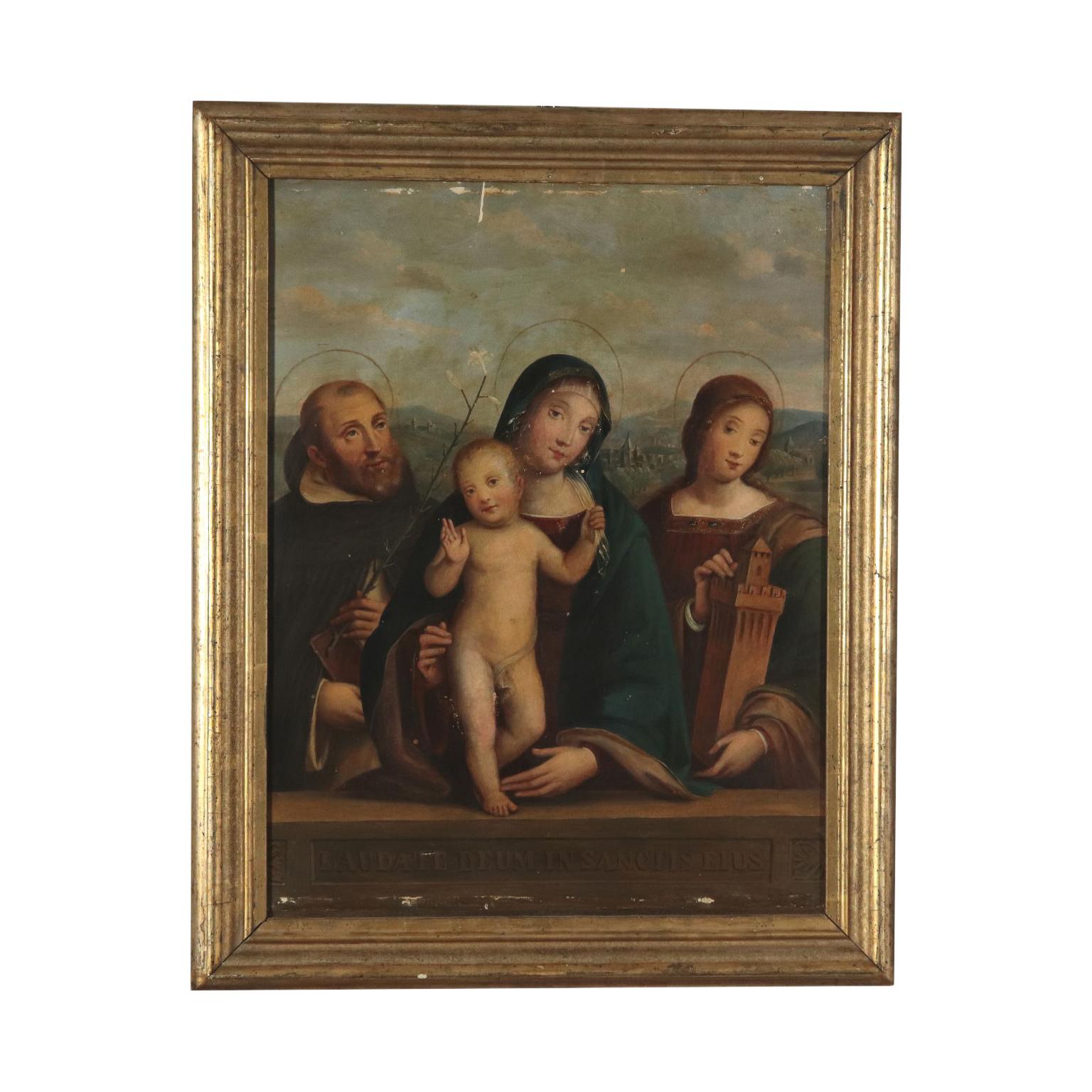 Unknown Figurative Painting - Virgin Mary with Child and Saints Oil on Board 19th Century