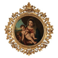 Virgin With Child And Young Saint John Oil On Panel 19th Century
