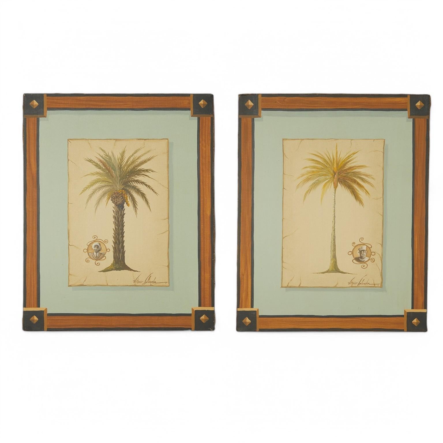 Charming pair of Italian oil paintings on canvas of two palm trees on an aged cream colored background with the artist monkey logo and painted neoclassic frame. Signed Vitorio Splendore in the lower right.