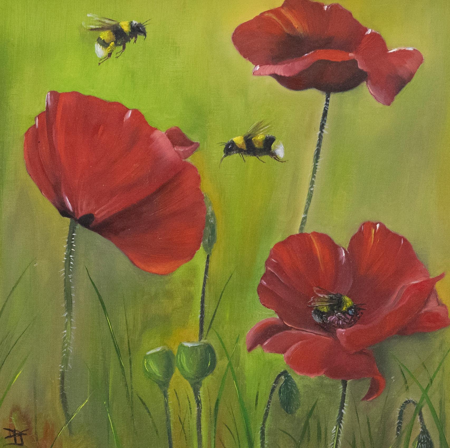 Vivek Mandalia - Framed Contemporary Oil, Bumble Bee's & Poppies - Painting by Unknown