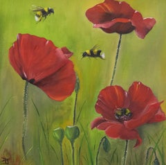 Vivek Mandalia - Óleo contemporáneo enmarcado, Abejorros y amapolas