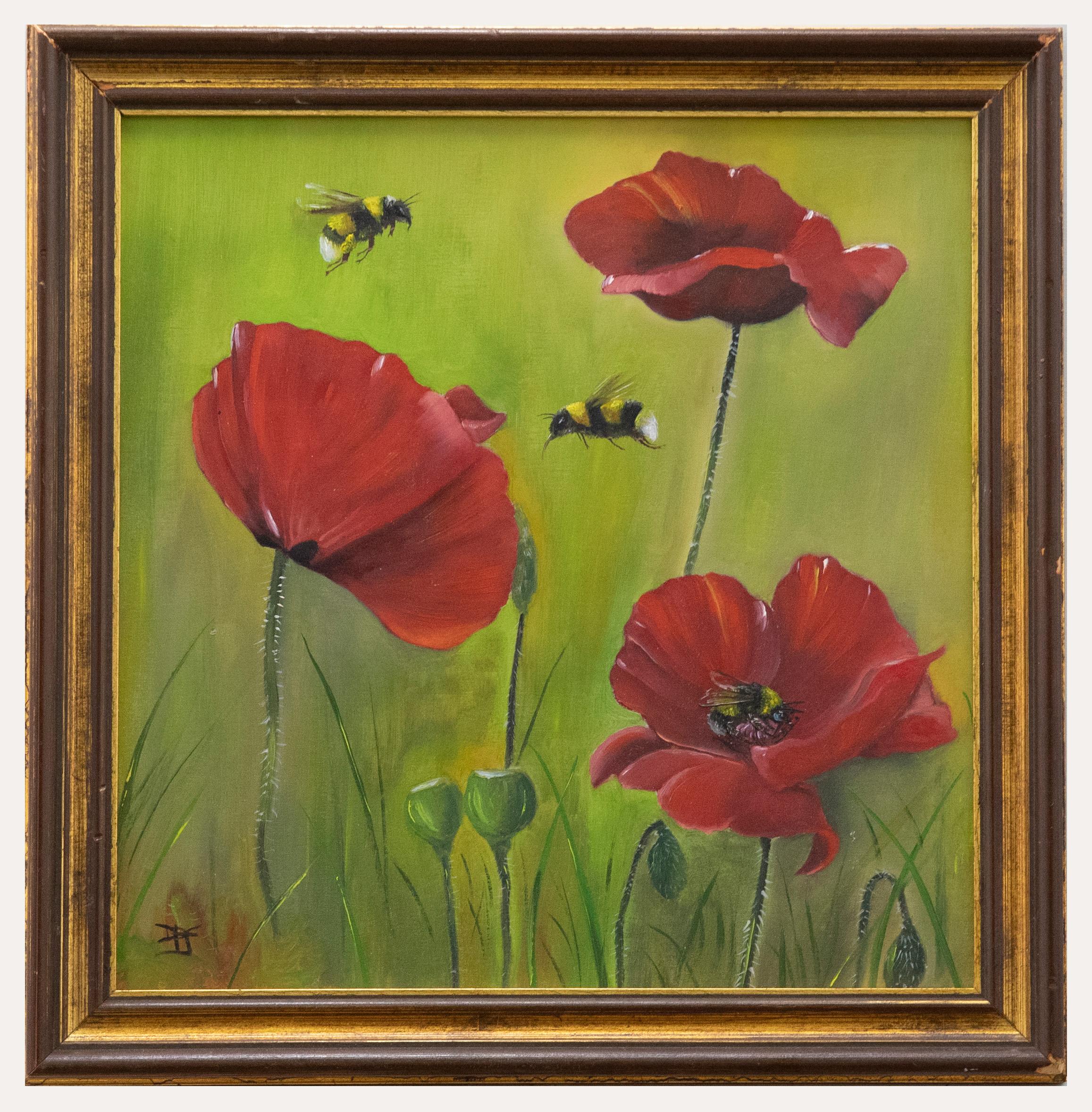 Unknown Still-Life Painting - Vivek Mandalia - Framed Contemporary Oil, Bumble Bee's & Poppies