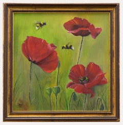 Vivek Mandalia - Framed Contemporary Oil, Bumble Bee's & Poppies