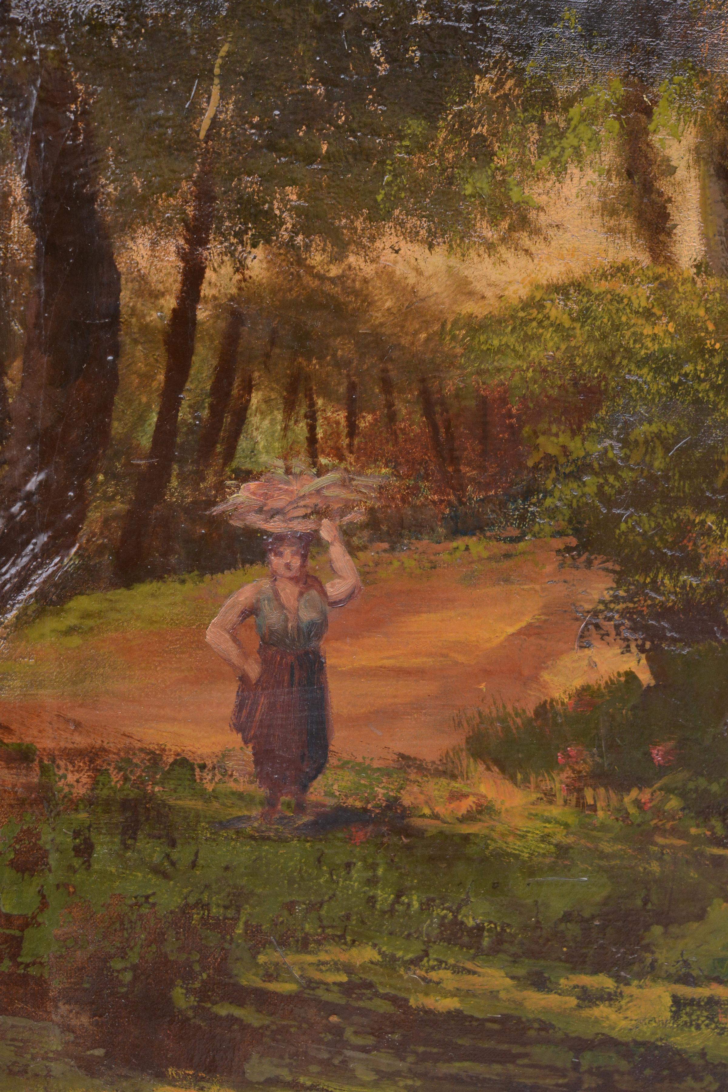 Vivid Sunset Landscape early 20th century Large Antique Oil Painting Signed - Brown Figurative Painting by Unknown