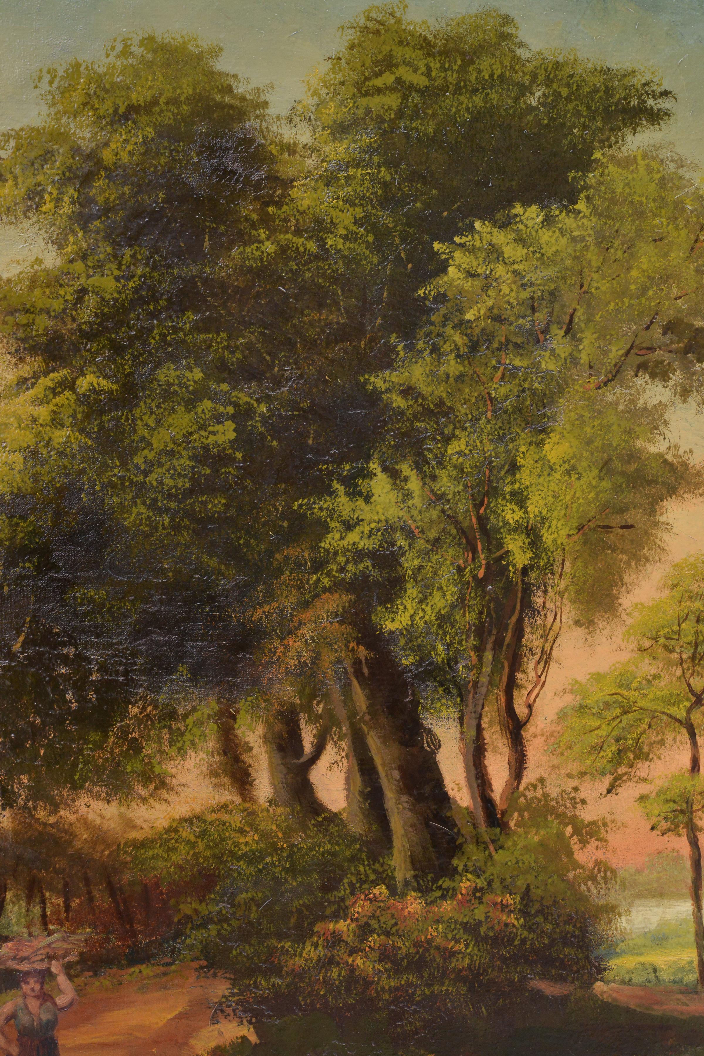 This painting was painted by unknown painter in early 1900s, depicting the sunset of a hot summer day, the viewer's attention is drawn to a woman carrying a basket of fruit on her head. In the distance there is a strip of lake, a place where birds