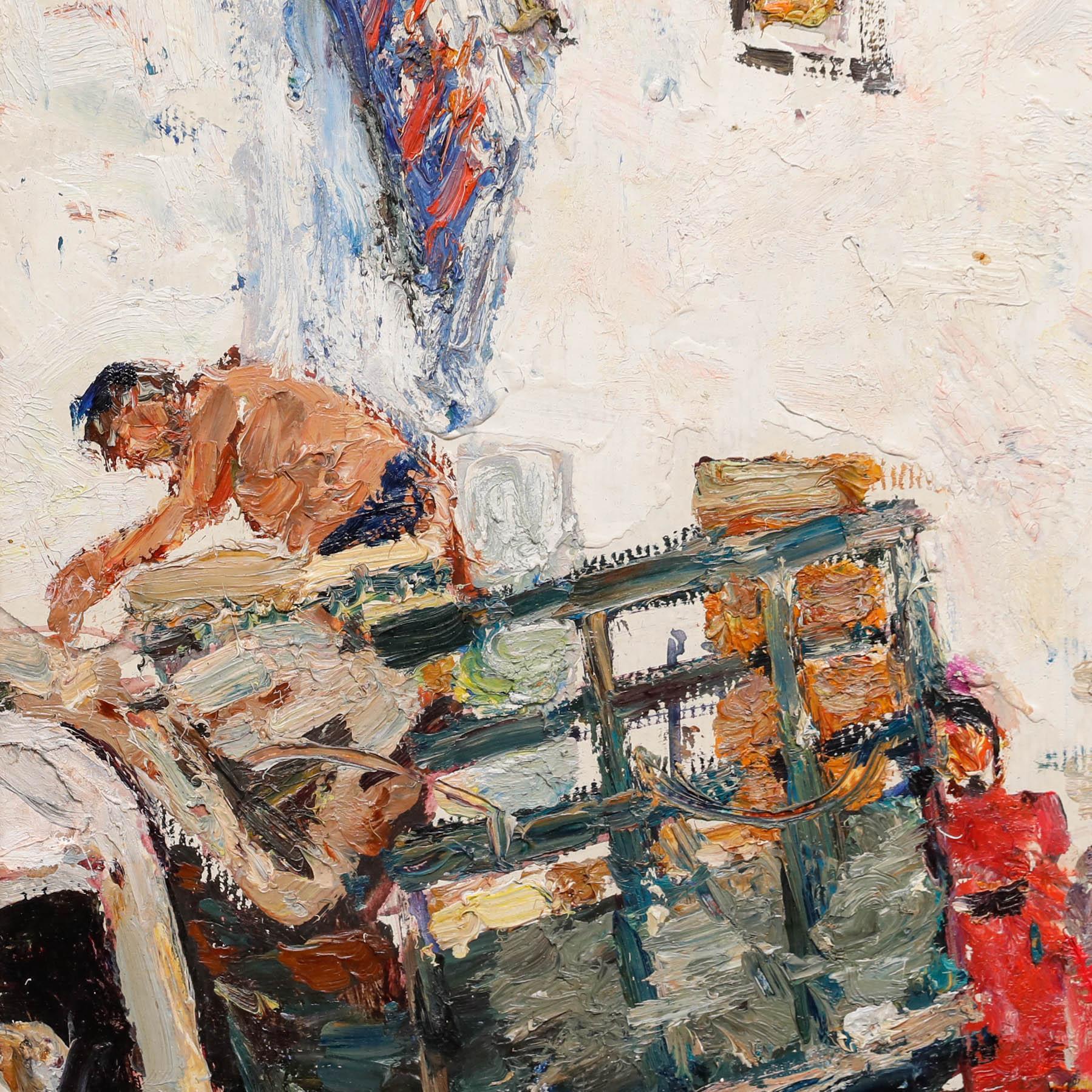 Dieses lebhafte Impasto-Gemälde fängt die geschäftige Energie von Gurzuf ein, mit bunten Figuren, die sich zwischen weiß getünchten Gebäuden unter einem strahlend blauen Himmel bewegen. Die lockere, ausdrucksstarke Pinselführung des Künstlers