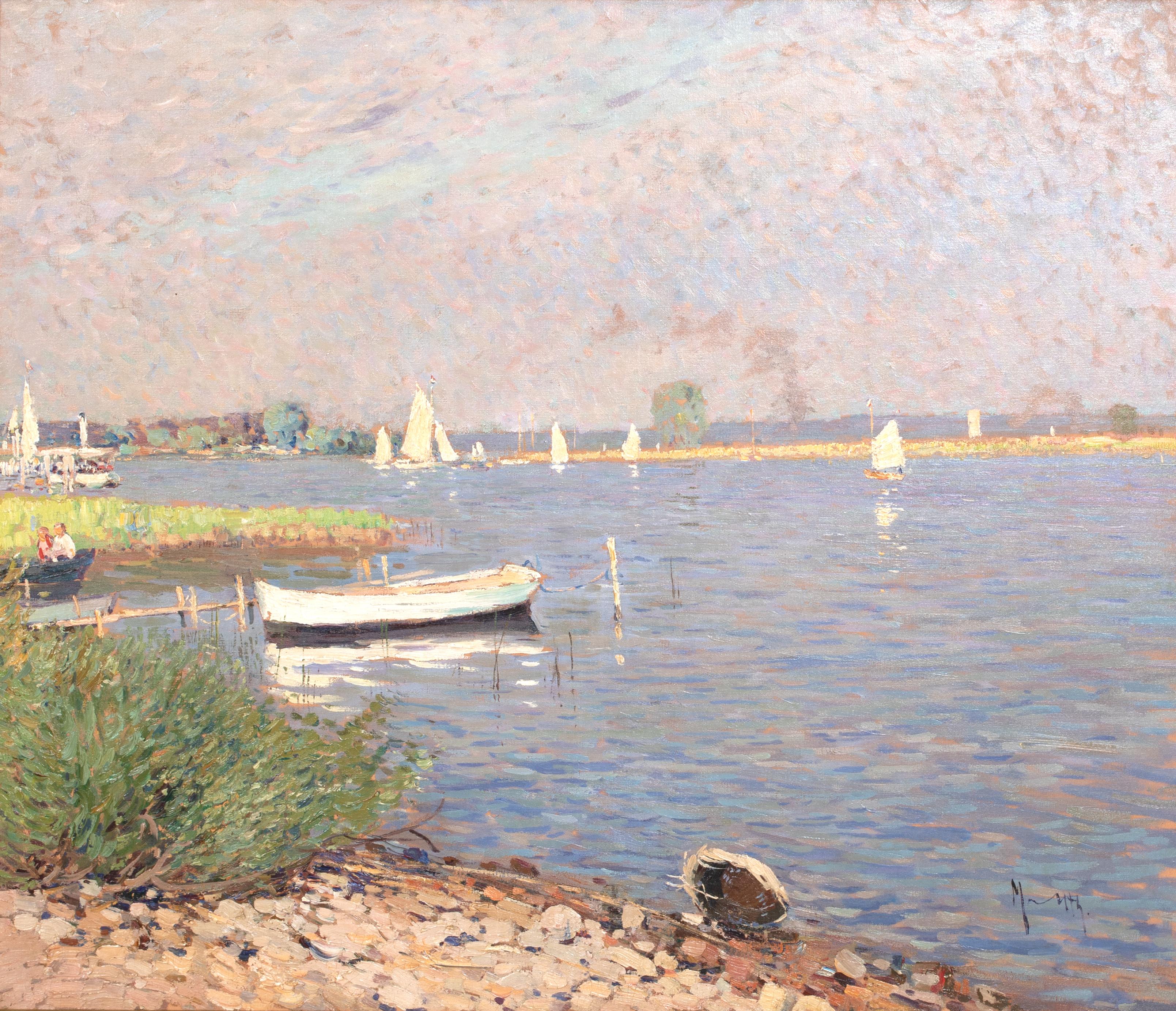 Voiliers à Argenteuil, Siglo XIX  Círculo de Gustave CAILLEBOTTE (1848-1894) - Landscape Painting Beige de Unknown