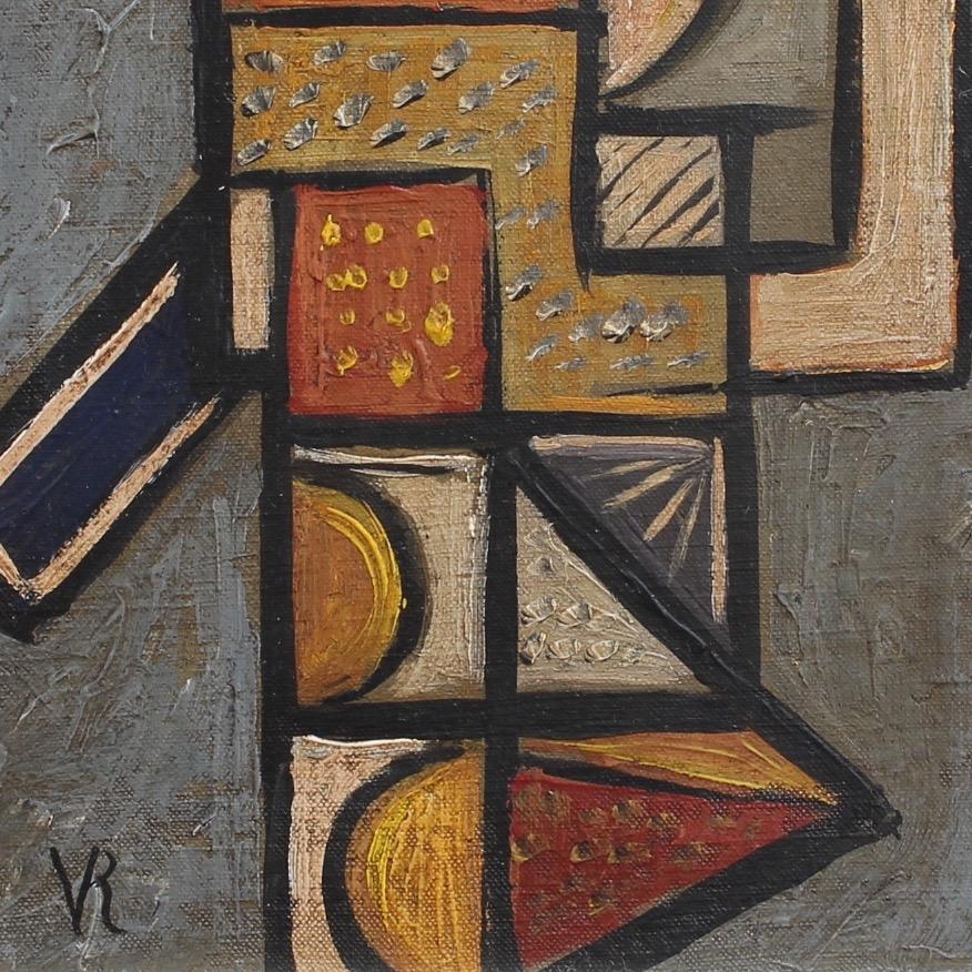 'Portrait of a Young Man II' by artist with initials 'V.R.', oil on canvas (circa 1940s - 1960s). Surely inspired by the works of Picasso and Braque, this is a playful portrait of a young man, or perhaps it is a boy, depicted in cubist form from the