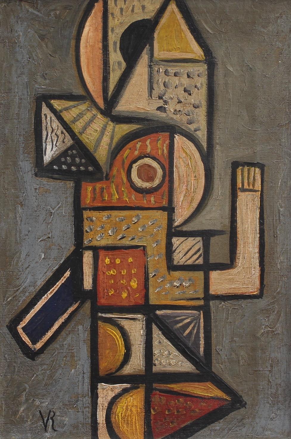 Unknown Abstract Painting - 'Portrait of a Young Man II' by V.R., Mid-Century Abstract Cubist Oil Painting