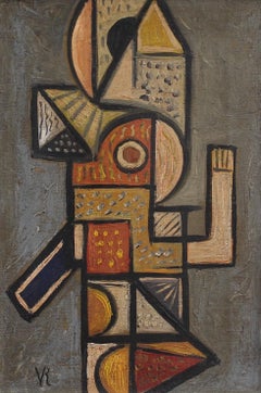 'Portrait of a Young Man II' by V.R., Mid-Century Abstract Cubist Oil Painting