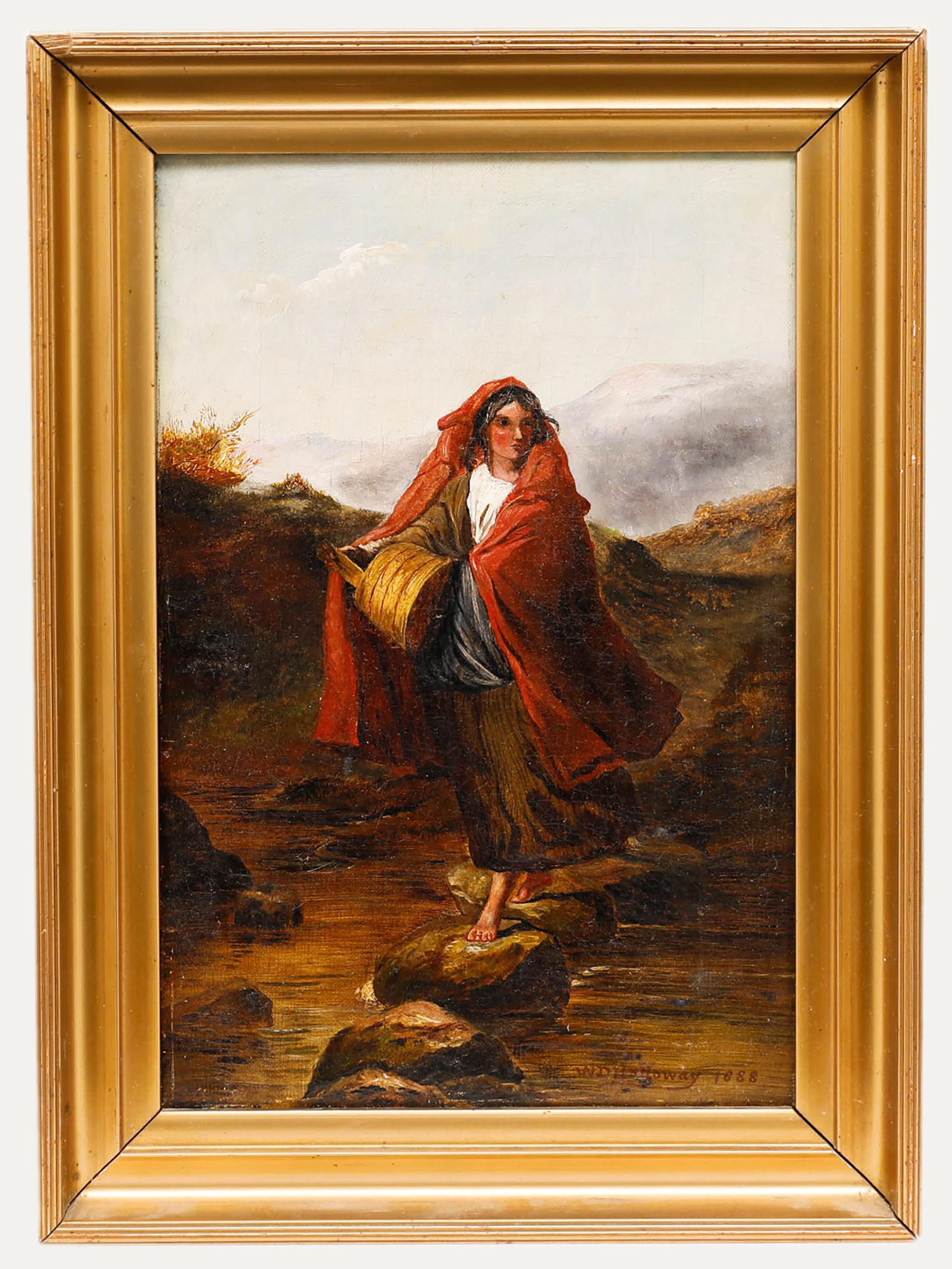 Unknown Portrait Painting – W. D. Halloway – Ölgemälde, „Crossing the Stepping Stones“, Ende des 19. Jahrhunderts