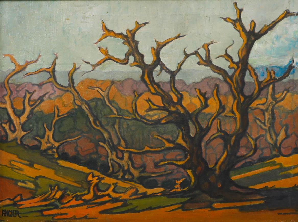 W. Donald Angier - Framed 1933 Oil, Tree Forms, Richmond Park - Painting by Unknown