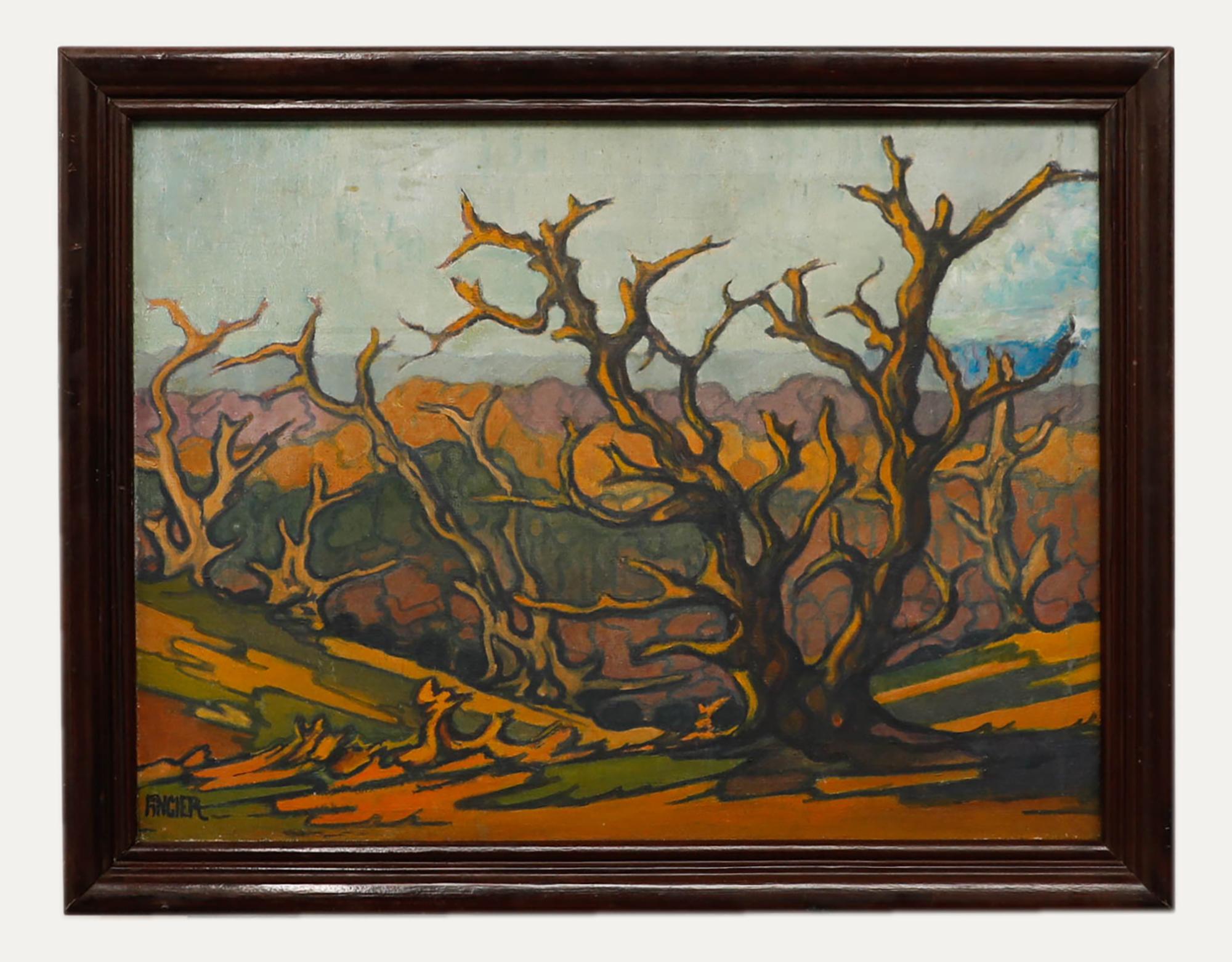 Unknown Landscape Painting - W. Donald Angier - Framed 1933 Oil, Tree Forms, Richmond Park