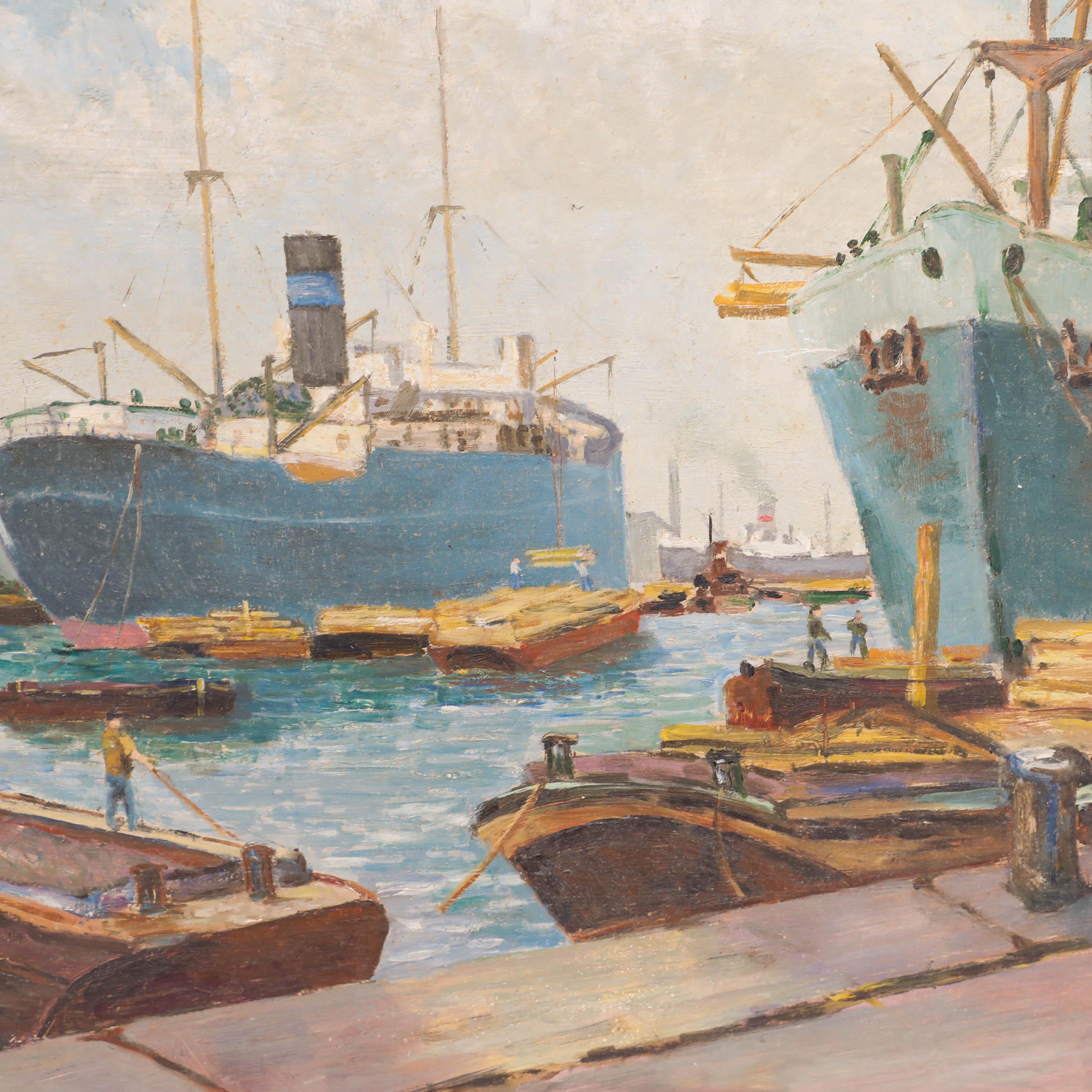 W. Henry - Gerahmtes Ölgemälde aus der Mitte des 20. Jahrhunderts, Royal Docks, London im Angebot 1