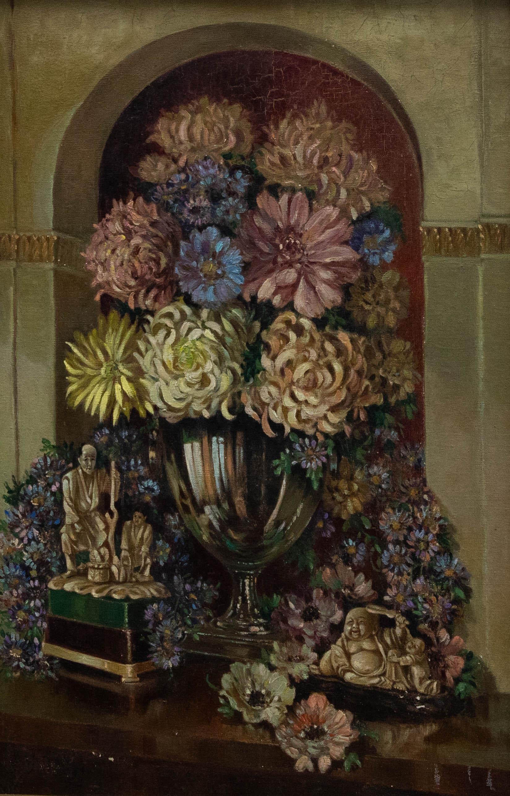 W. Jo Hine  - 1943 Oil, Flowers in the Alcove - Painting by Unknown