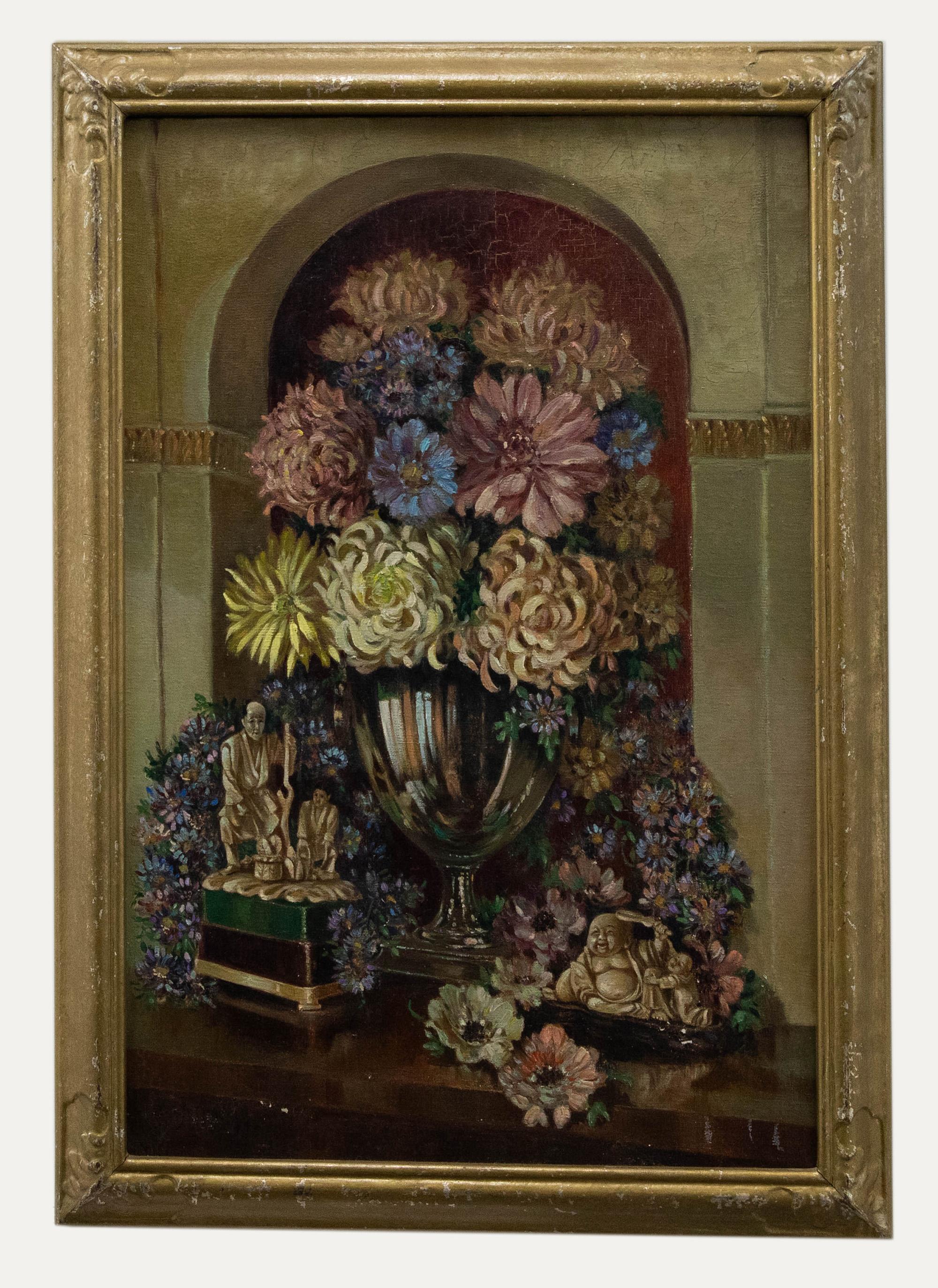 Unknown Still-Life Painting - W. Jo Hine  - 1943 Oil, Flowers in the Alcove