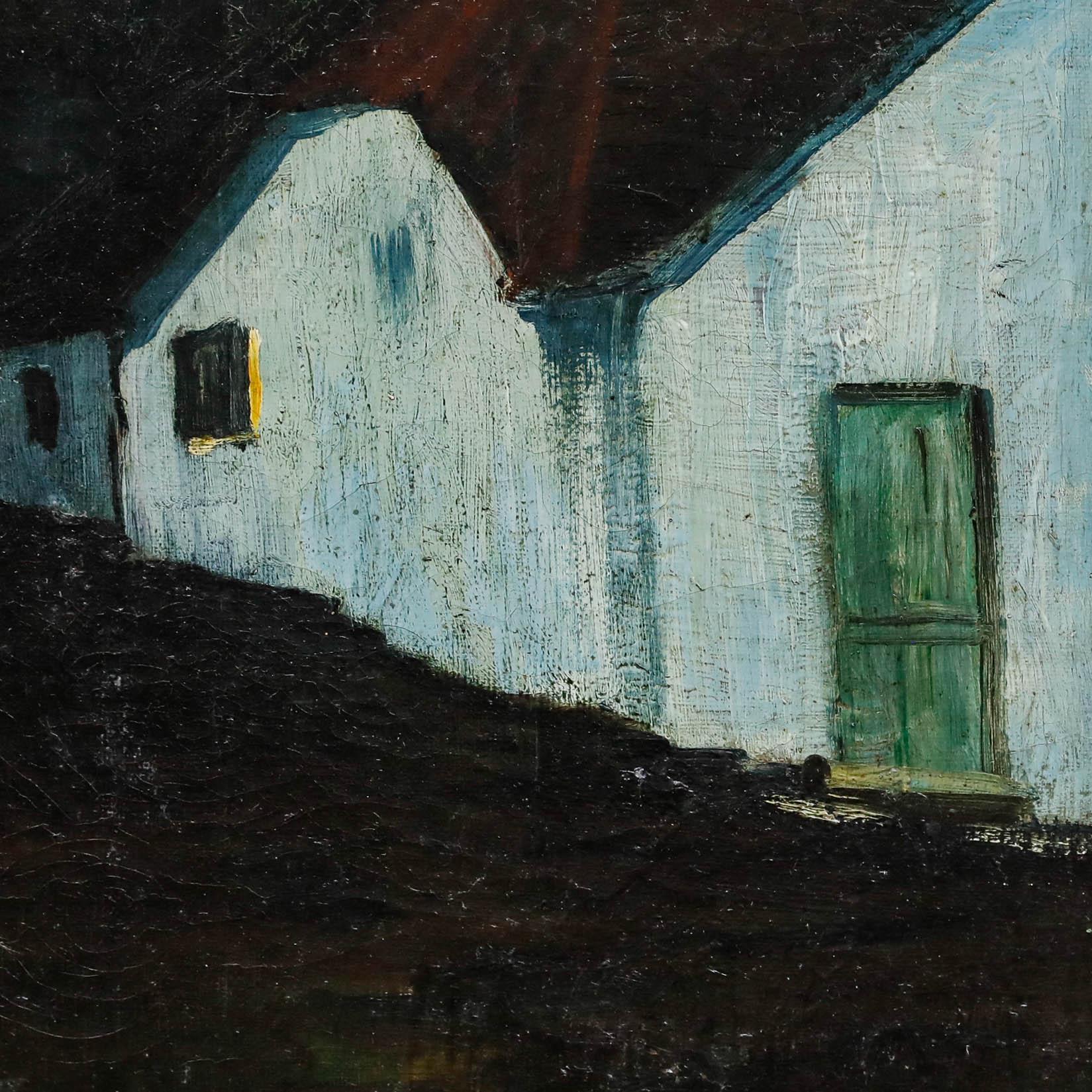 In dieser stimmungsvollen Nachtszene spiegelt sich das Mondlicht auf den weißen Wänden der ruhigen Dorfhäuser und wirft lange Schatten auf die Straße. Die schwach beleuchtete Straße erstreckt sich in die bedrohliche Schwärze und zieht den Betrachter