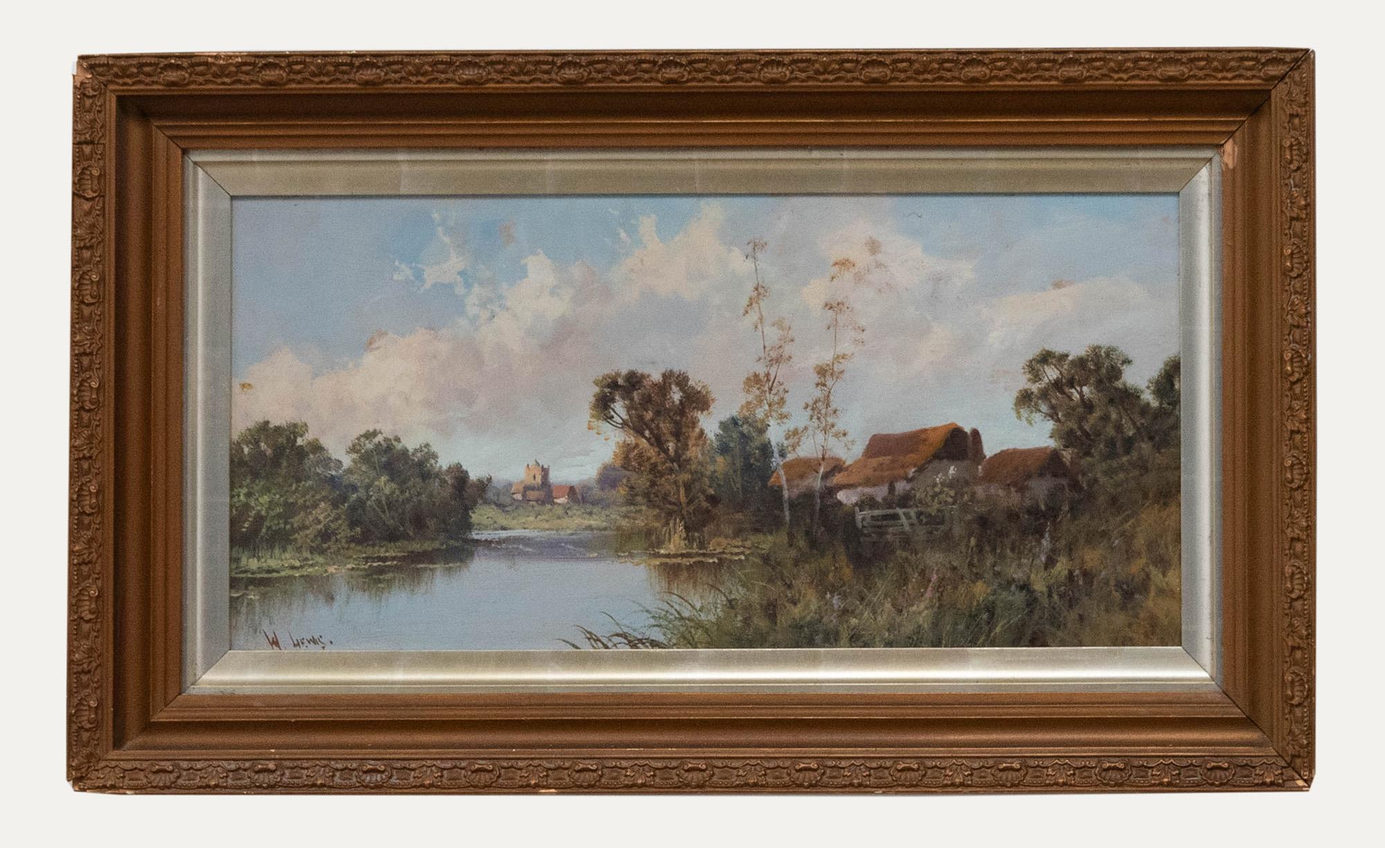 Landscape Painting di Unknown - W. Lewis  - Olio della metà del XX secolo, Fattoria sul fiume
