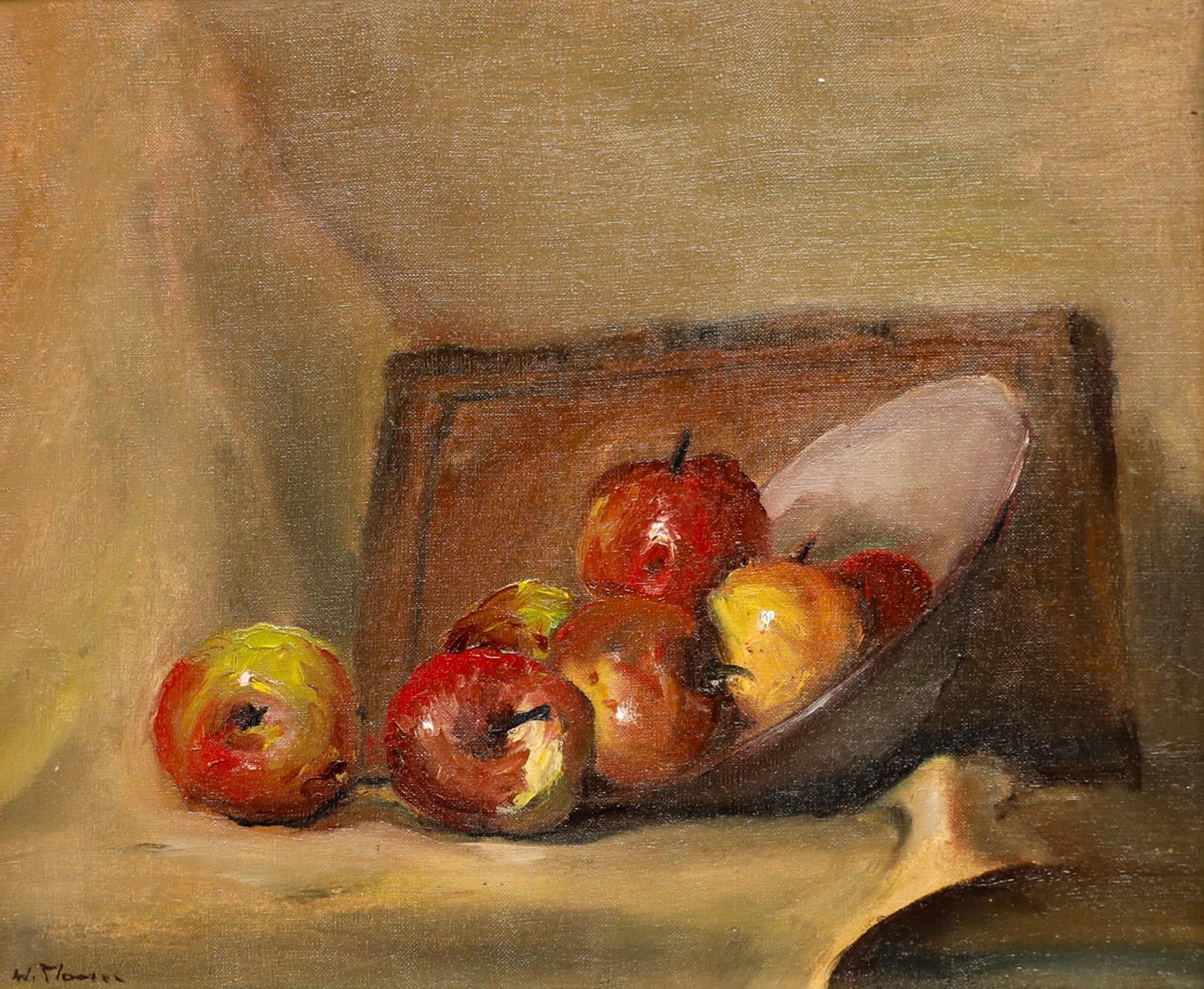 W. Moore  - Mitte 20. Jahrhundert Öl, Kippende Äpfel – Painting von Unknown