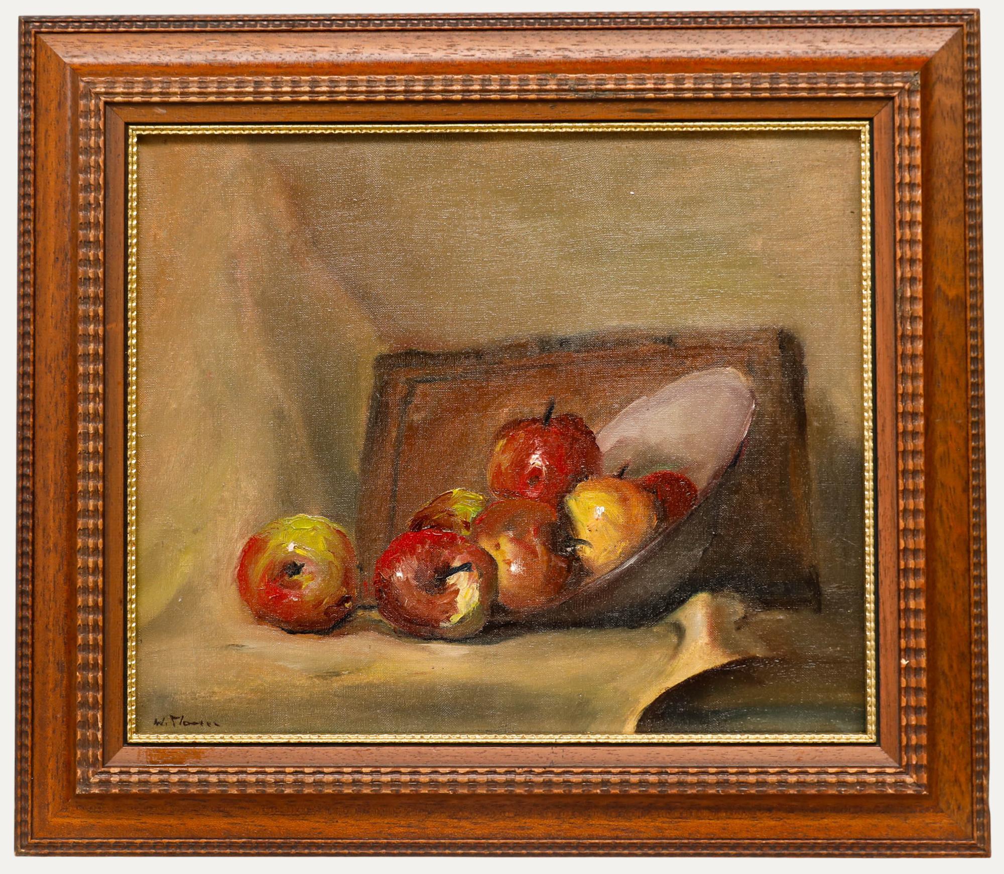 Unknown Still-Life Painting – W. Moore  - Mitte 20. Jahrhundert Öl, Kippende Äpfel