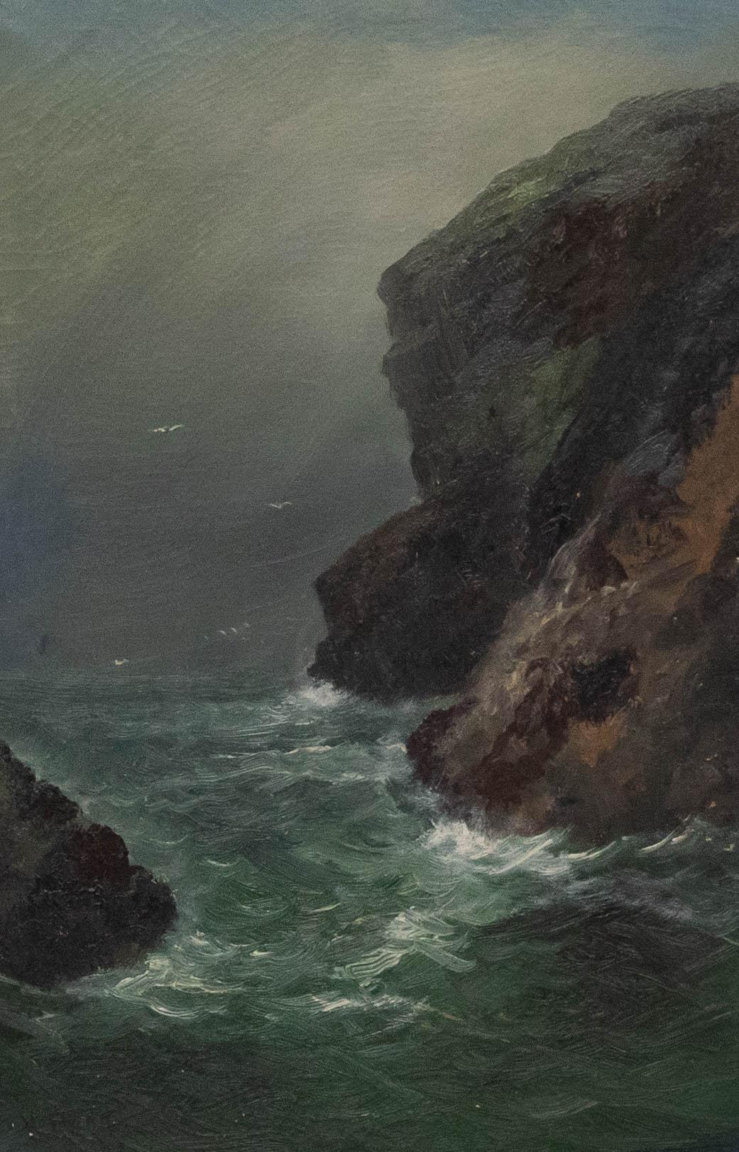 W. Page - Olio dei primi del Novecento incorniciato, scogliere costiere atmosferiche - Painting di Unknown