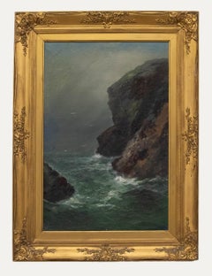W. Page - Olio dei primi del Novecento incorniciato, scogliere costiere atmosferiche