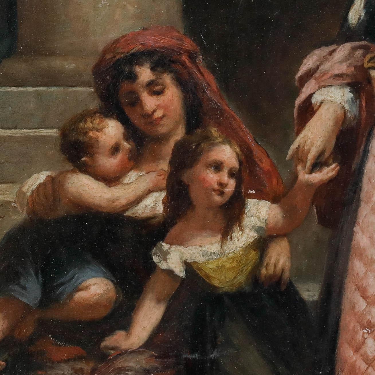 This evocative painting depicts a tender scene of maternal care, with a woman in elegant attire standing near three children huddled together. The composition is framed by a richly gilded border, drawing the viewer's eye to the intimate moment