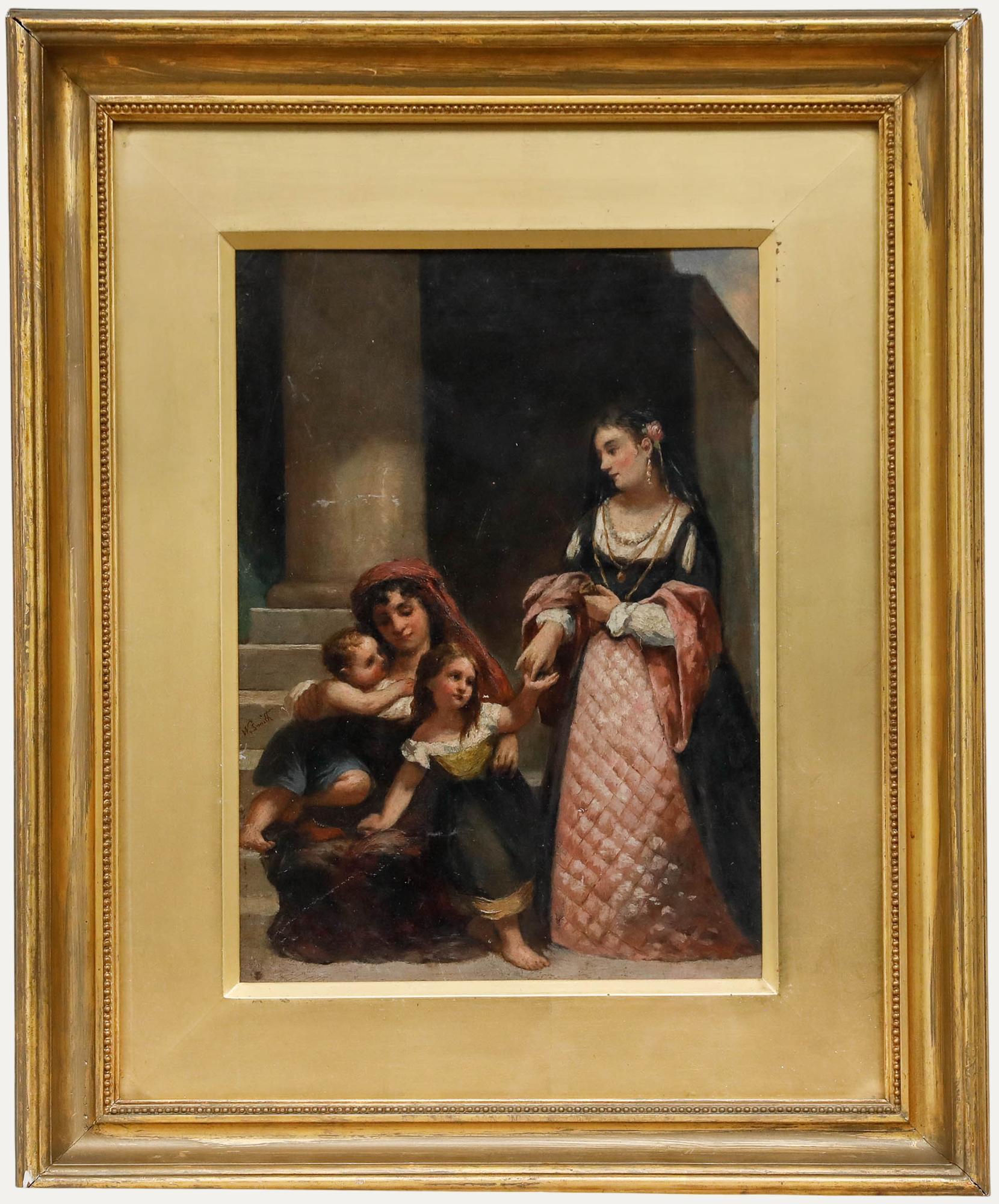 Unknown Figurative Painting - W. Smith - 19th Century Oil, Giving Alms
