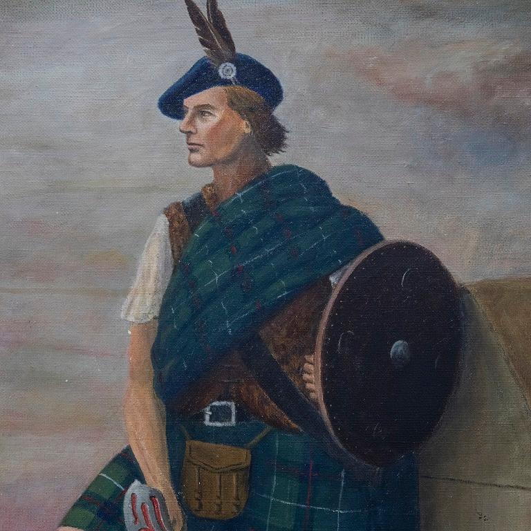 A charming study of a Scottish soldier in traditional dress. He carrier a sword and shield while wearing the traditional tartan kilt. Signed to the lower right. On Scotland, UK. 
