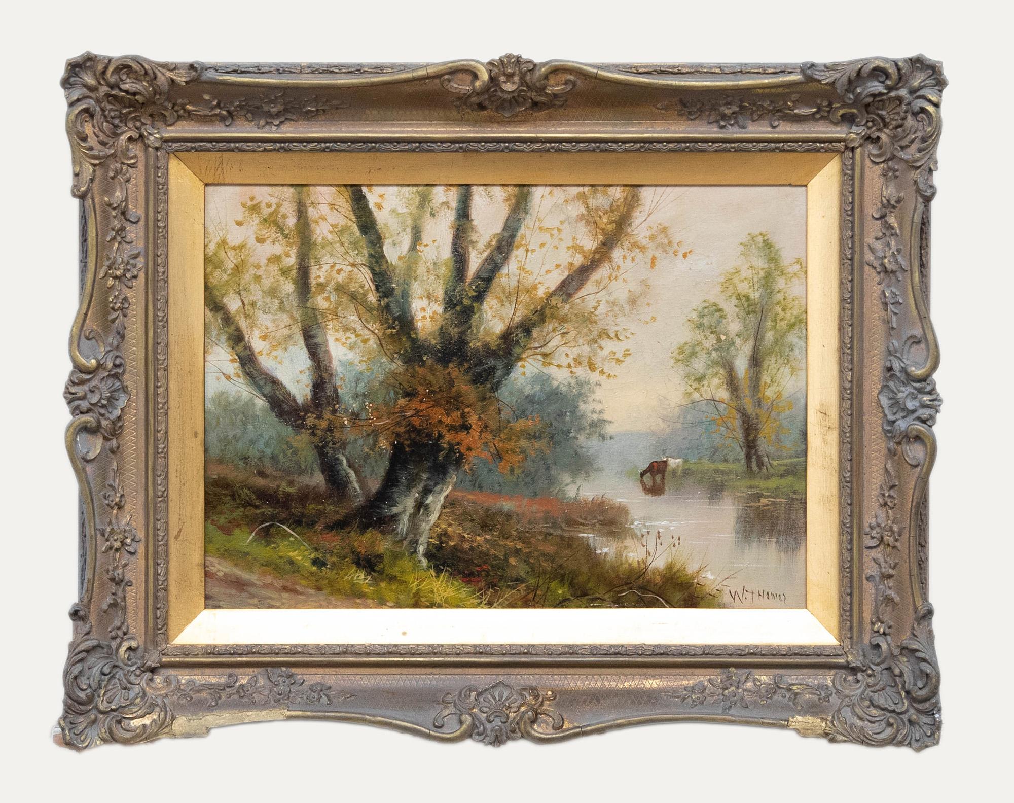 Landscape Painting di Unknown - W. Thomas - Olio dei primi del Novecento incorniciato, Paesaggio autunnale con bovini