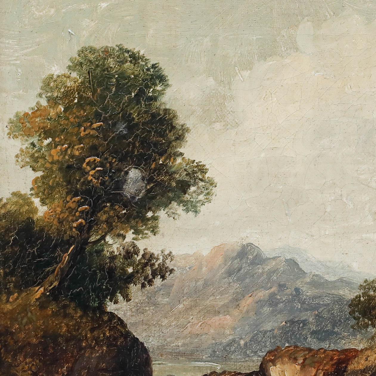 A charming little classical landscape capturing a figure fishing in the river. Well presented in an ornate gilt-effect frame. Signed. On canvas on stretchers.