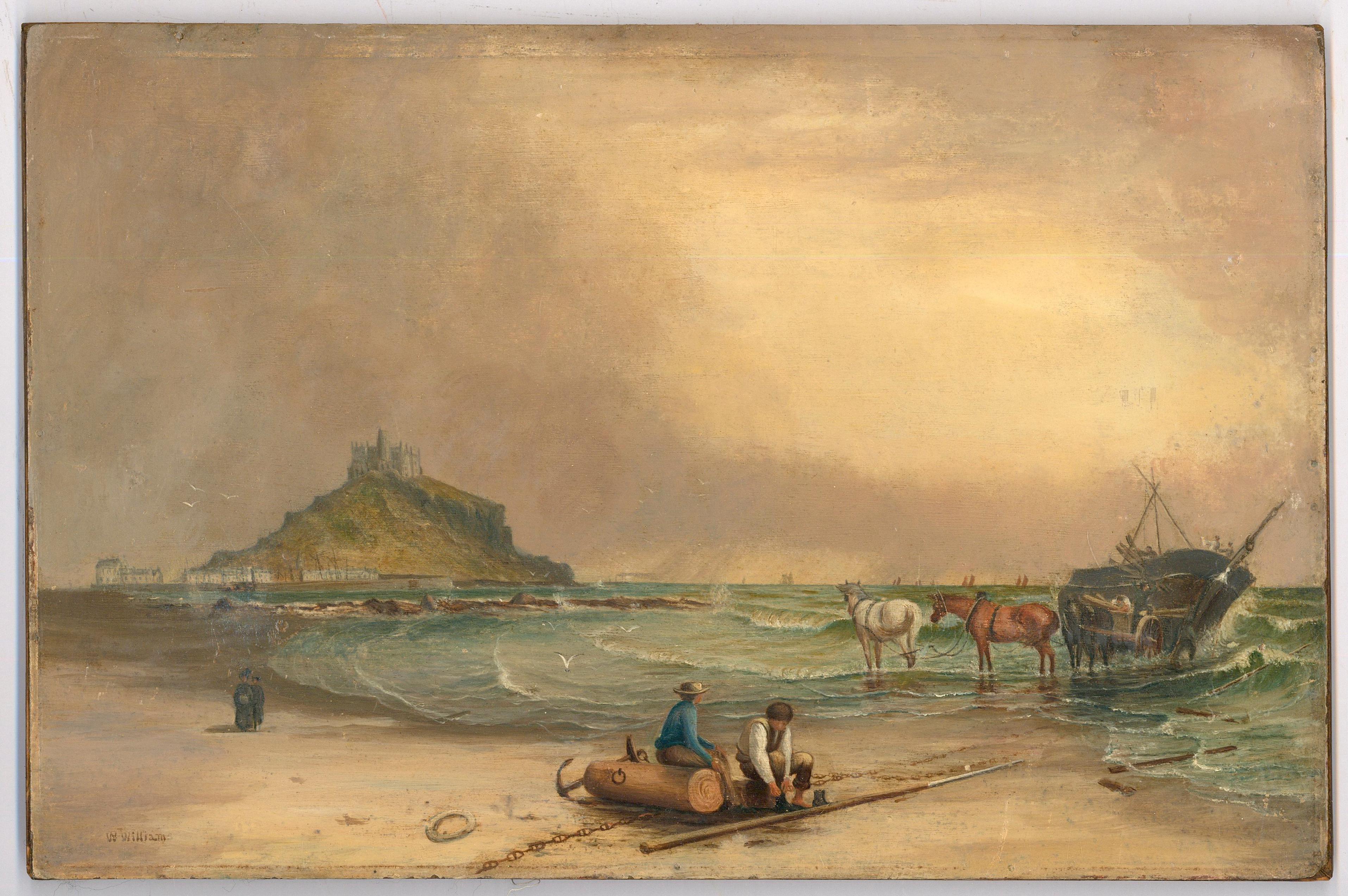 W. Williams - 19th Century Oil, Boat Repairs in Mount's Bay - Painting by Unknown