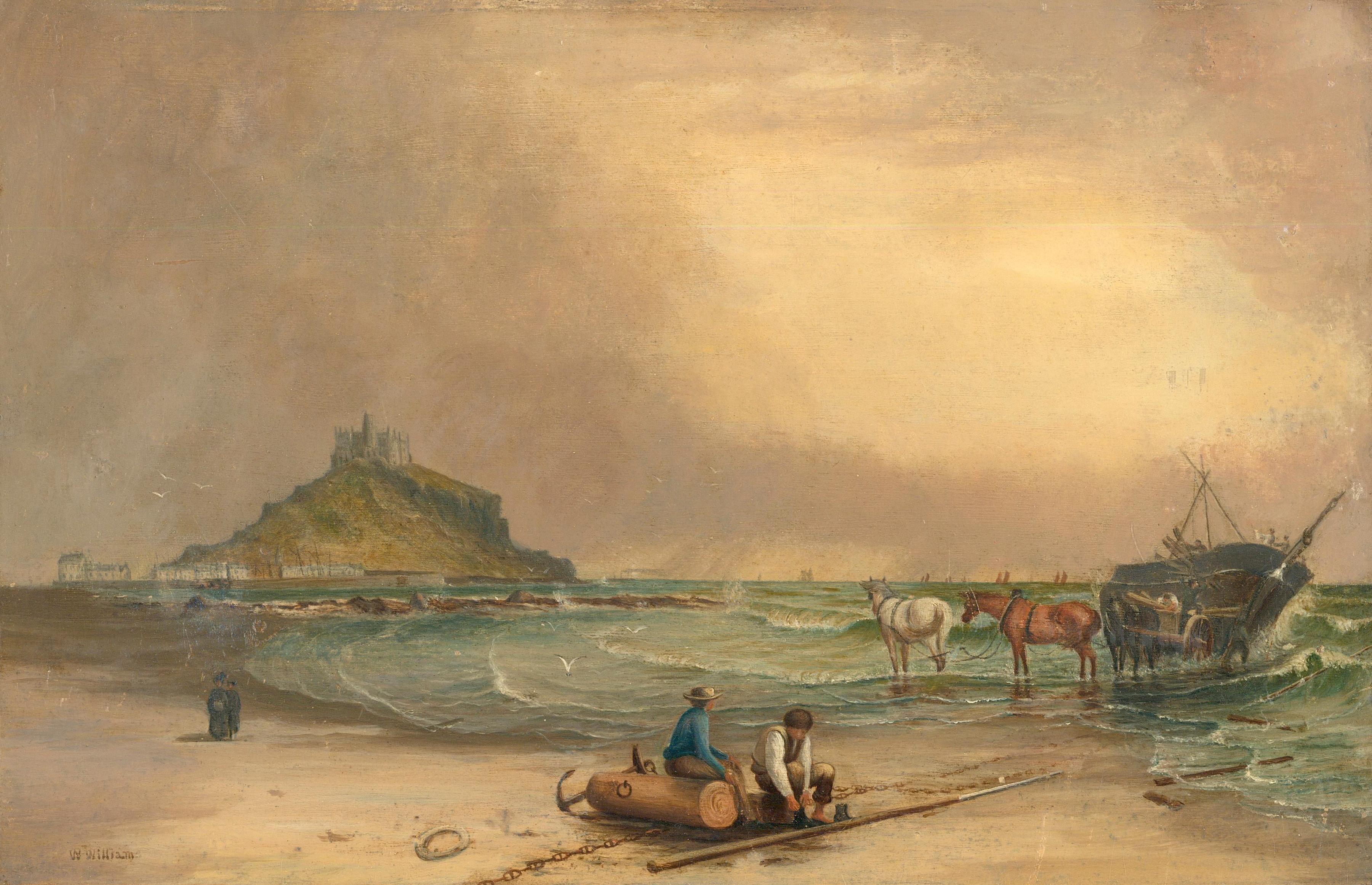 Unknown Figurative Painting - W. Williams - 19th Century Oil, Boat Repairs in Mount's Bay