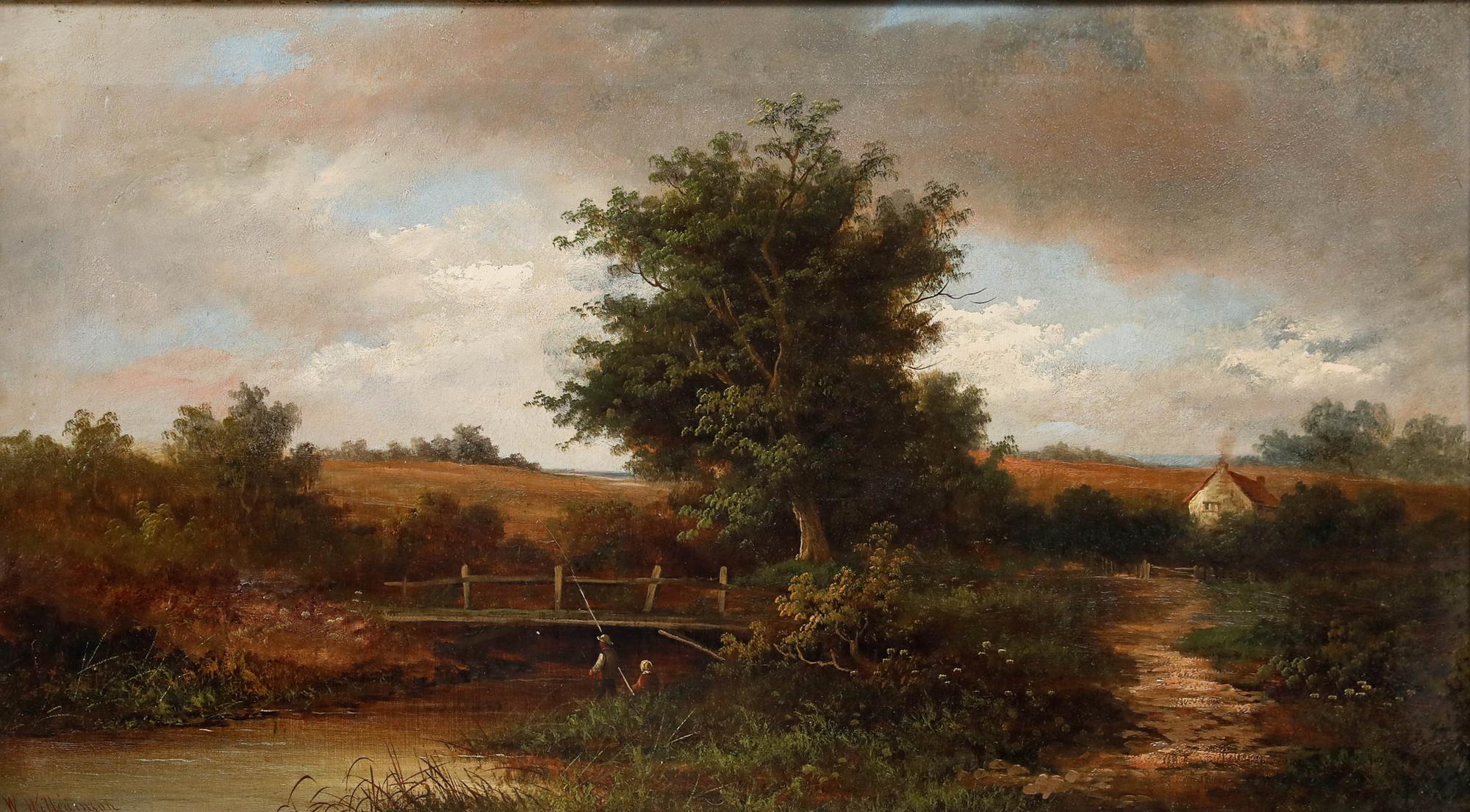 W. A. Williamson - Gerahmtes Öl aus dem 19. Jahrhundert, Ländliche Landschaft mit fischenden Figuren – Painting von Unknown