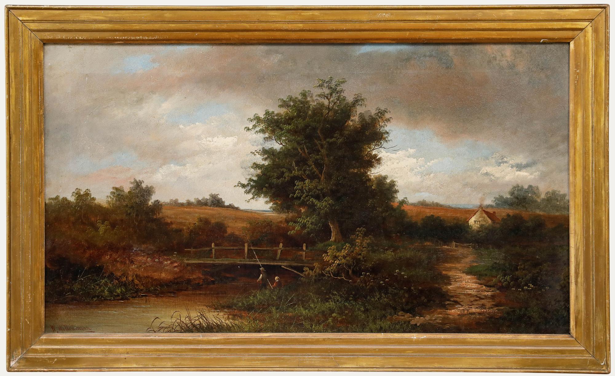 W. Williamson - Framed 19th Century Oil, Rural Landscape with Figures Fishing