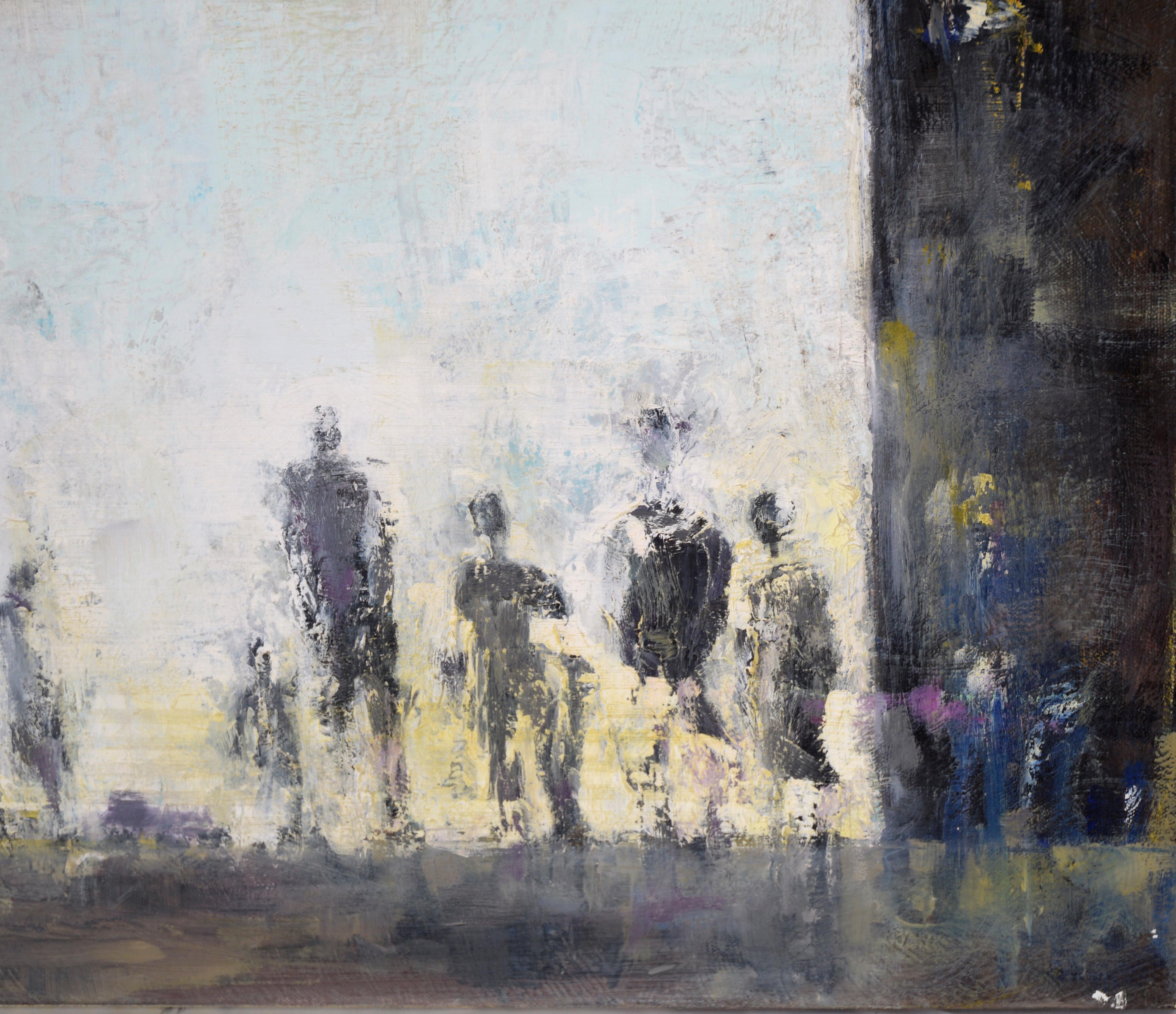 Esperando - Paisaje urbano abstracto con figuras en acrílico sobre lienzo - Figurative Painting Marrón de Unknown