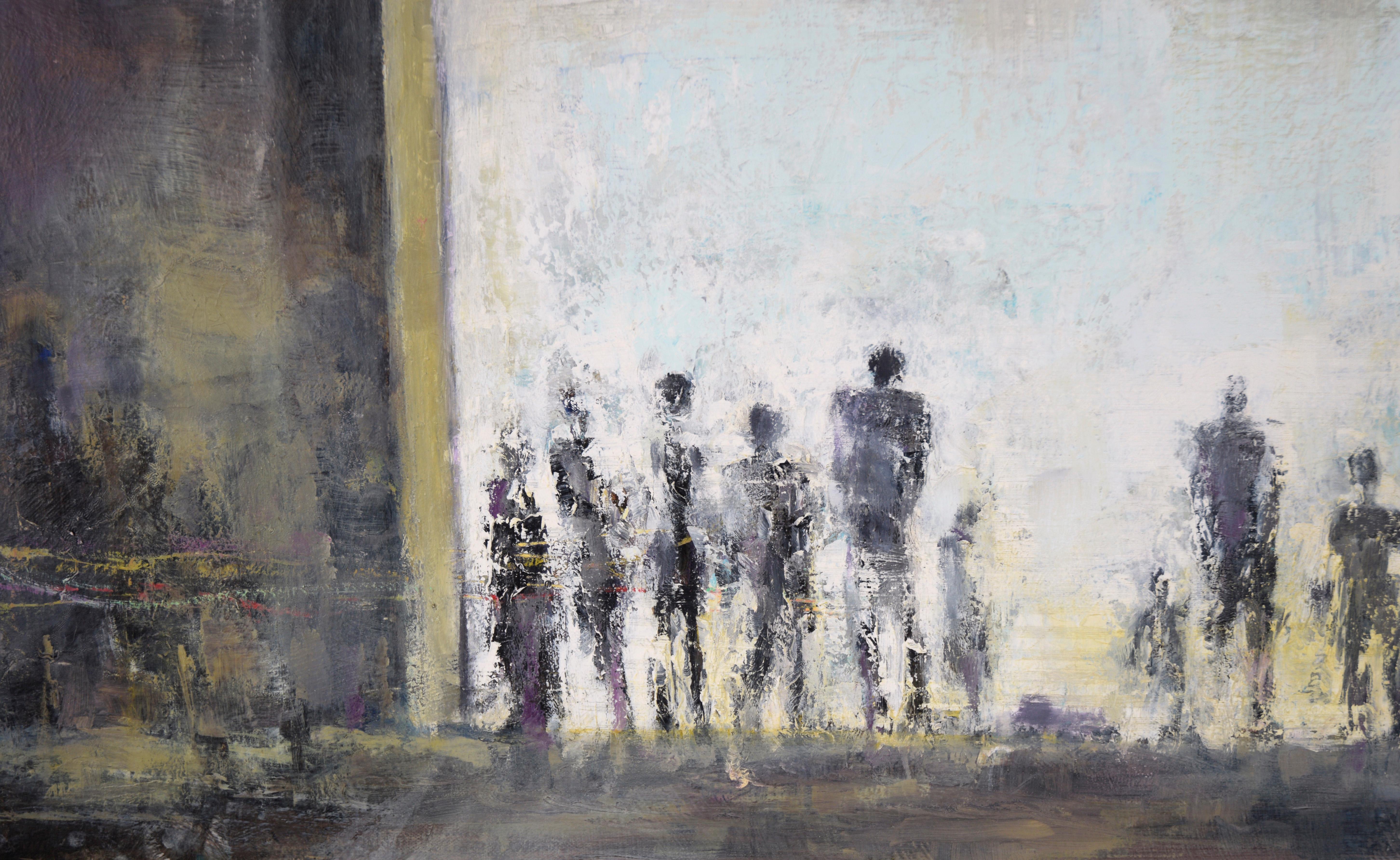 Esperando - Paisaje urbano abstracto con figuras en acrílico sobre lienzo

Paisaje urbano de artista desconocido (siglo XX). Hay varias figuras de pie bajo lo que parece ser un refugio o una abertura de algún tipo. El paisaje urbano está