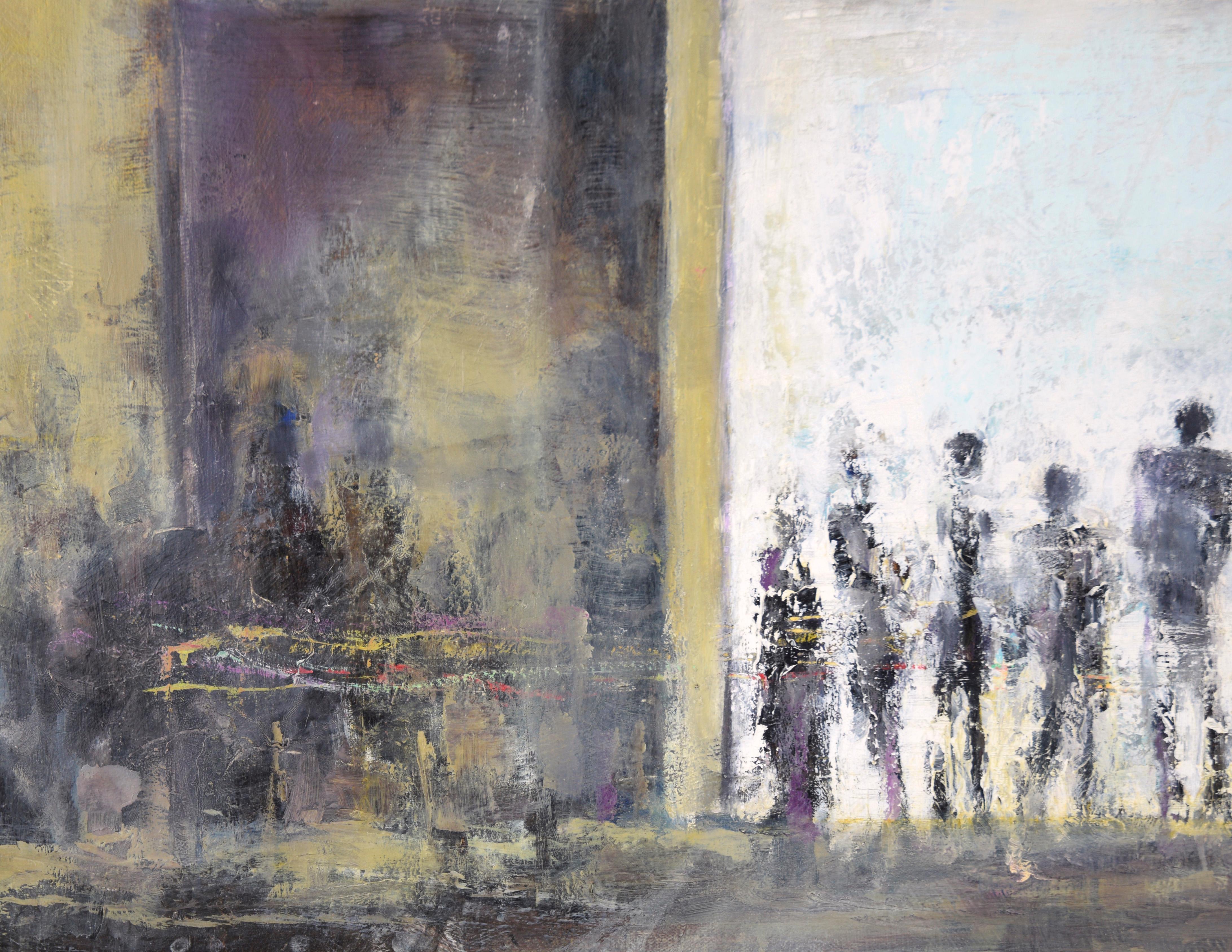 Esperando - Paisaje urbano abstracto con figuras en acrílico sobre lienzo en venta 1